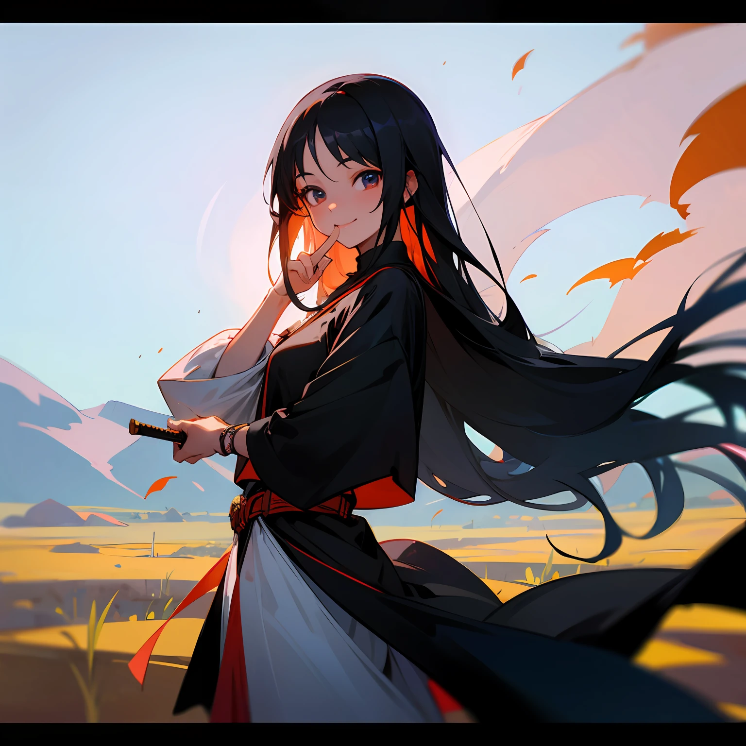 A girl in Xinjiang,Long black hair,Holds a Malay sword in his right hand,Left finger days,Smile and look straight ahead --auto