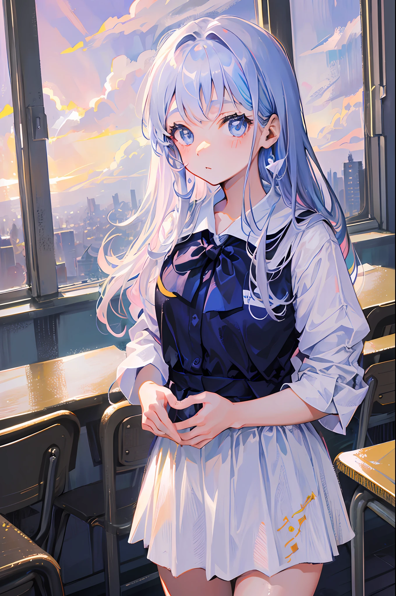 (Daisaku,Best Picture Quality:1.4),ultra - detailed,illustration,(solo,1girl,),Classroom,校服,white hair,blue eyes,high school senior