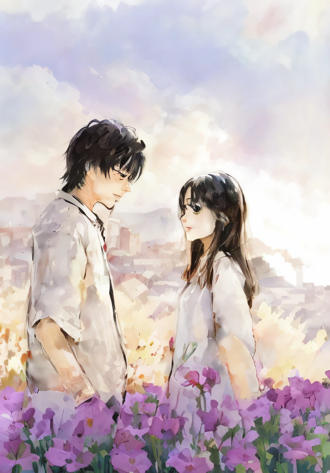 Anime couple looking at each other in a flower field, Soft anime illustration,, standing in flower field, anime film still, A cena mais bonita, In anime style, drawn in anime painter studio, Evening sunset