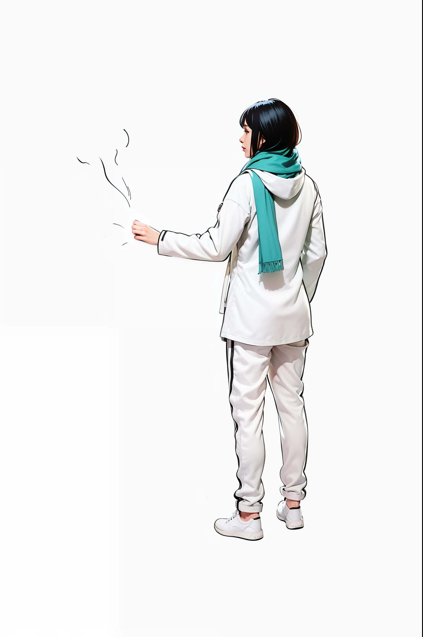 Illustration of a woman in a white shirt and blue scarf, character is standing, Full body illustration, Wear loose pants,Wearing track suit, Wearing track suit, Girl standing, wearing track and field suit, wearing a haori, distant full body view, digitally colored, Wear a winter cotton jacket,dressed with long fluent clothes, wearing a white winter coat, with a cold, dressed in an old white coat --auto