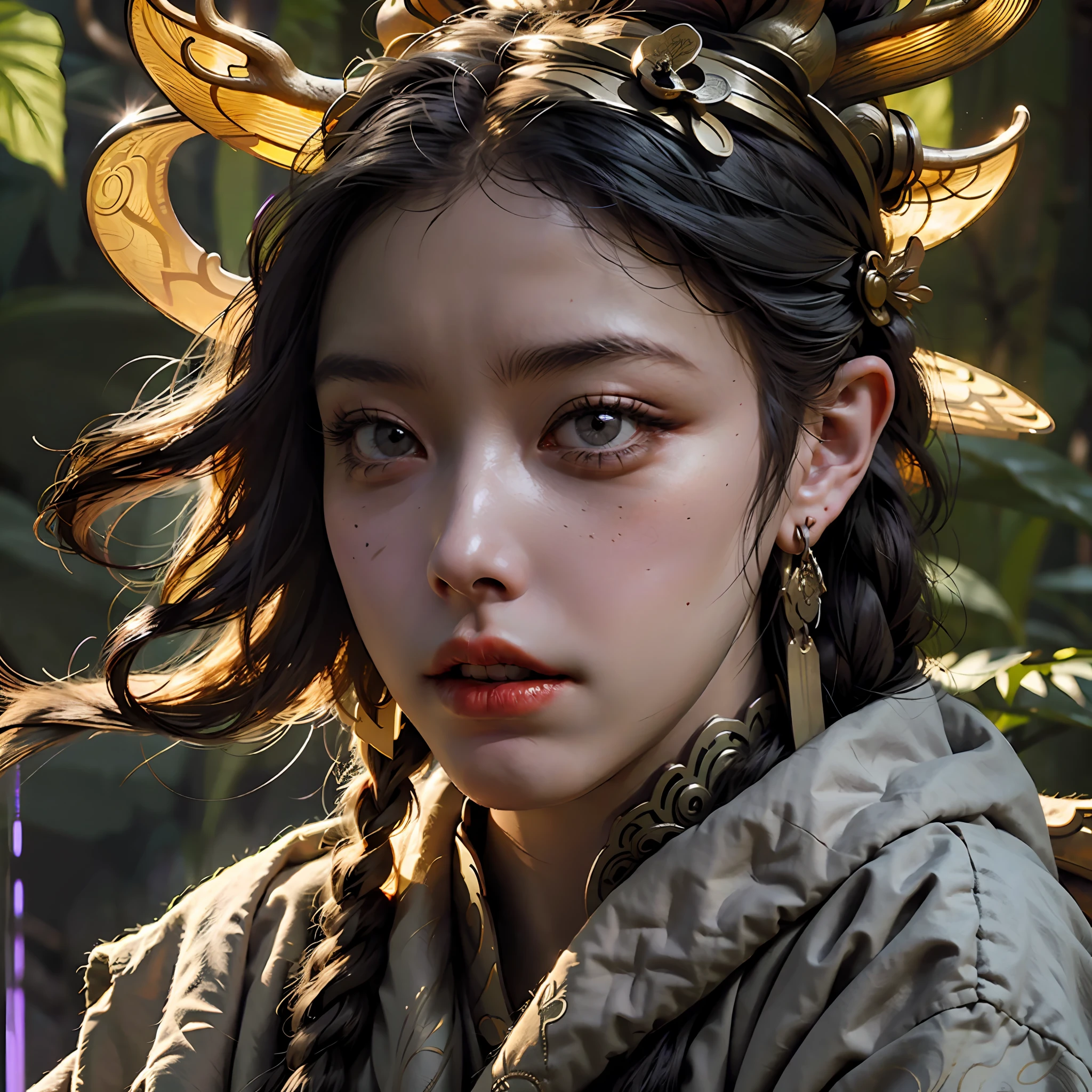 Purple and black hair，Hair coiled，Half of the face，purple-eyed，Wear antler decorations，Silver-toned earrings，Right tear mole，Grim expression，There is fluorescence，Background bokeh，Inky Hanfu --auto