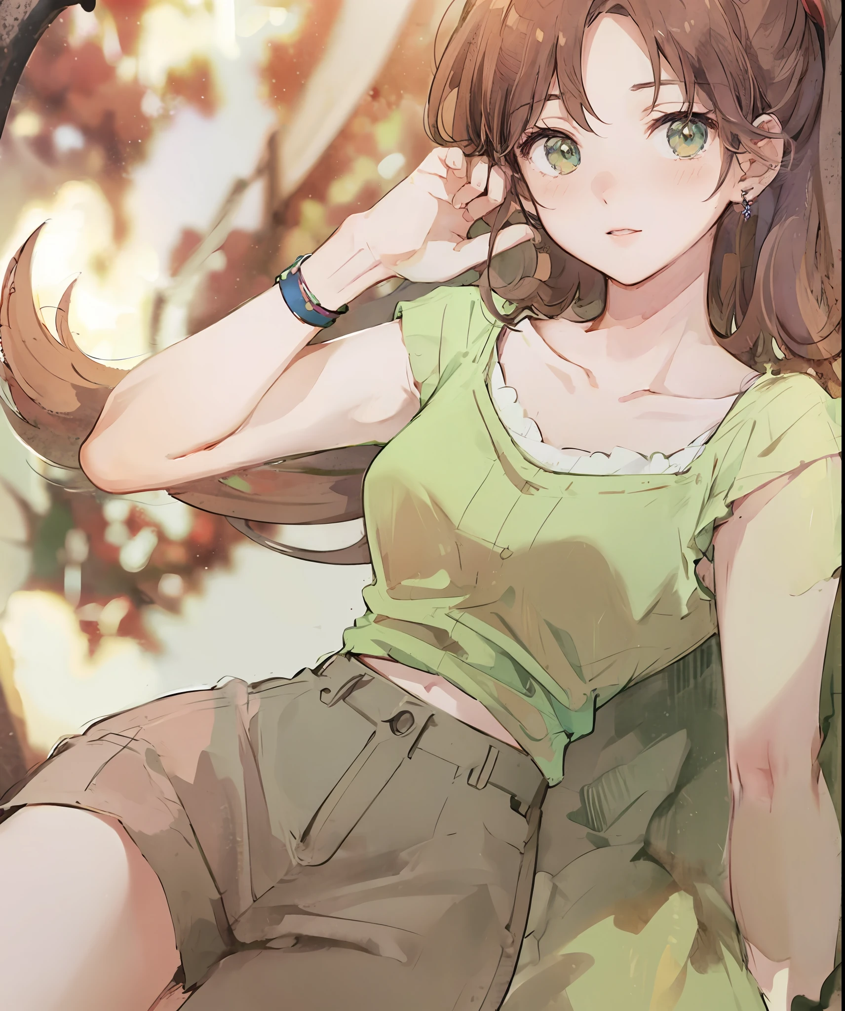 Anime girl with long hair and green shirt sitting on a chair, Sailor Jupiter. Beautiful, Vintage shojo, anime visual of a cute girl, retro anime girl, in the art style of 8 0 s anime, 9 0 s anime art style, marin kitagawa fanart, anime visual of a young woman, beautiful anime style, Aya Takano's Color Style