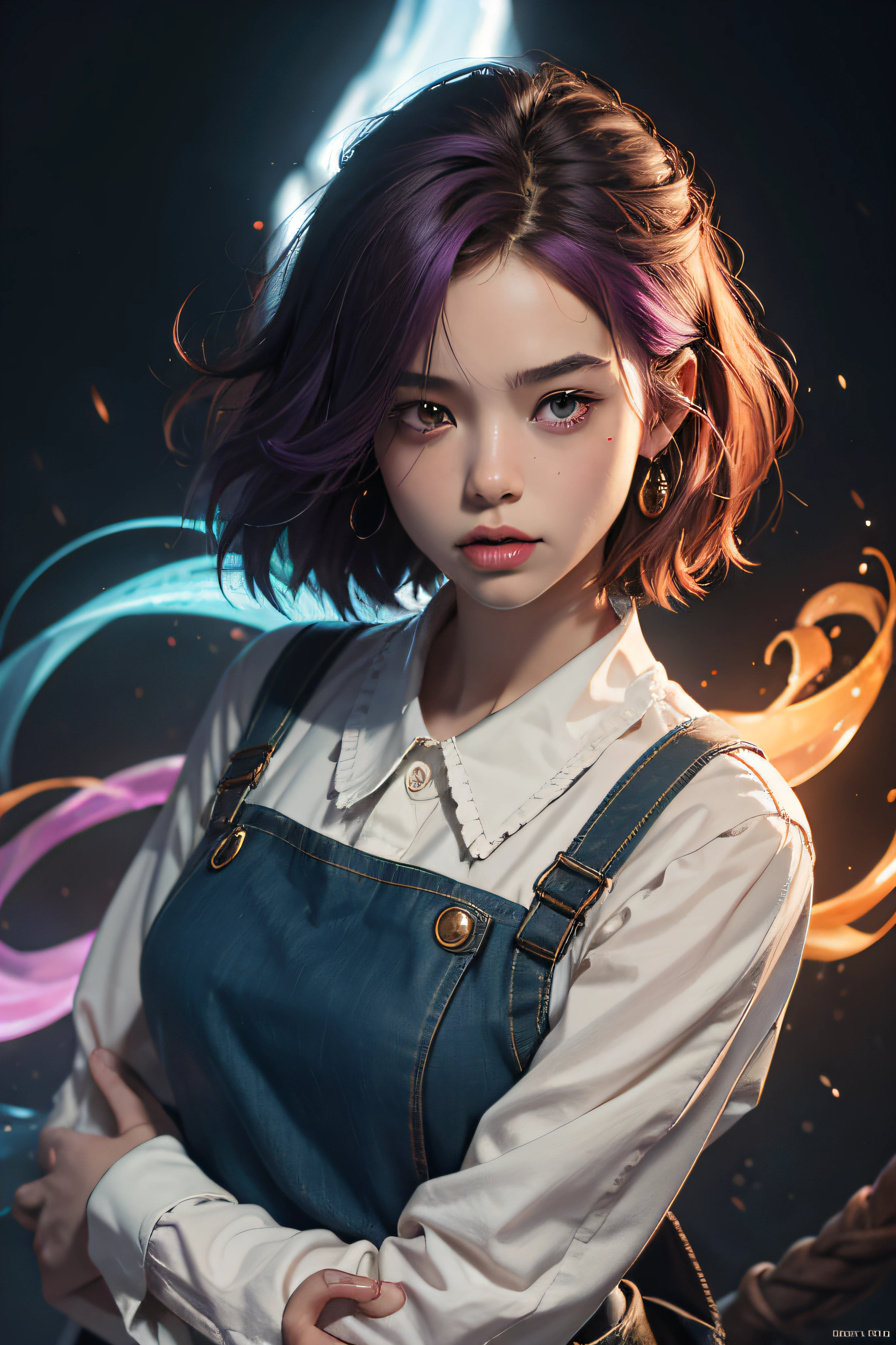 concept art, overhead angle of a Will-o'-the-wisp, wearing Funny Somali Emerald deep orange Pinafore, Caramel hair styled as Short hair, fluorescent purple Hair tie, equirectangular 360, Highres,  [(art by Willi Baumeister:1.1), (art by John T. Biggers:1.2)::17], official art, unity 8k wallpaper, ultra detailed, aesthetic, masterpiece, best quality, photorealistic