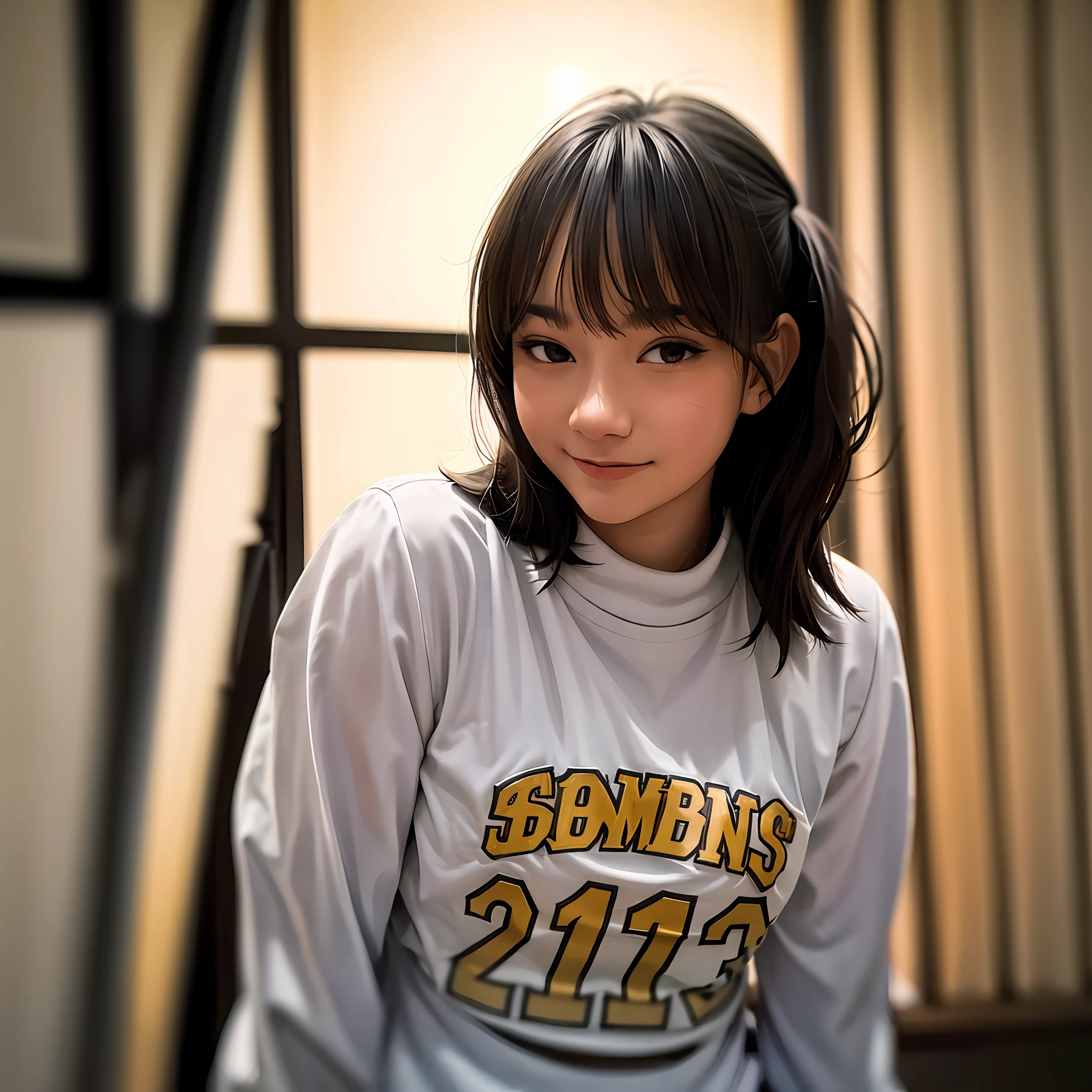 1girl, realistic, freya jkt48, lips, solo, looking at viewer, smile, solo , intricate details, natural light, RAW photo, 8k uhd, film grain, (8k, best quality, masterpiece:1.2), (realistic, photo-realistic:1.37), ultra-detailed,best quality, ultra high res, professional lighting, photon mapping, radiosity, physically-based rendering, cinematic lighting, basketball court,depth of field, sharp focus,sunbeam, good composition,(bokeh:1.2) 1girl,solo,(full body), (closed mouth),beautiful detailed eyes, pose, narrow waist,basketball uniform, black hair,messy hair,long hair floating in wind,(ulzzang-6500:1.2)
 mix4, hiqcgbody