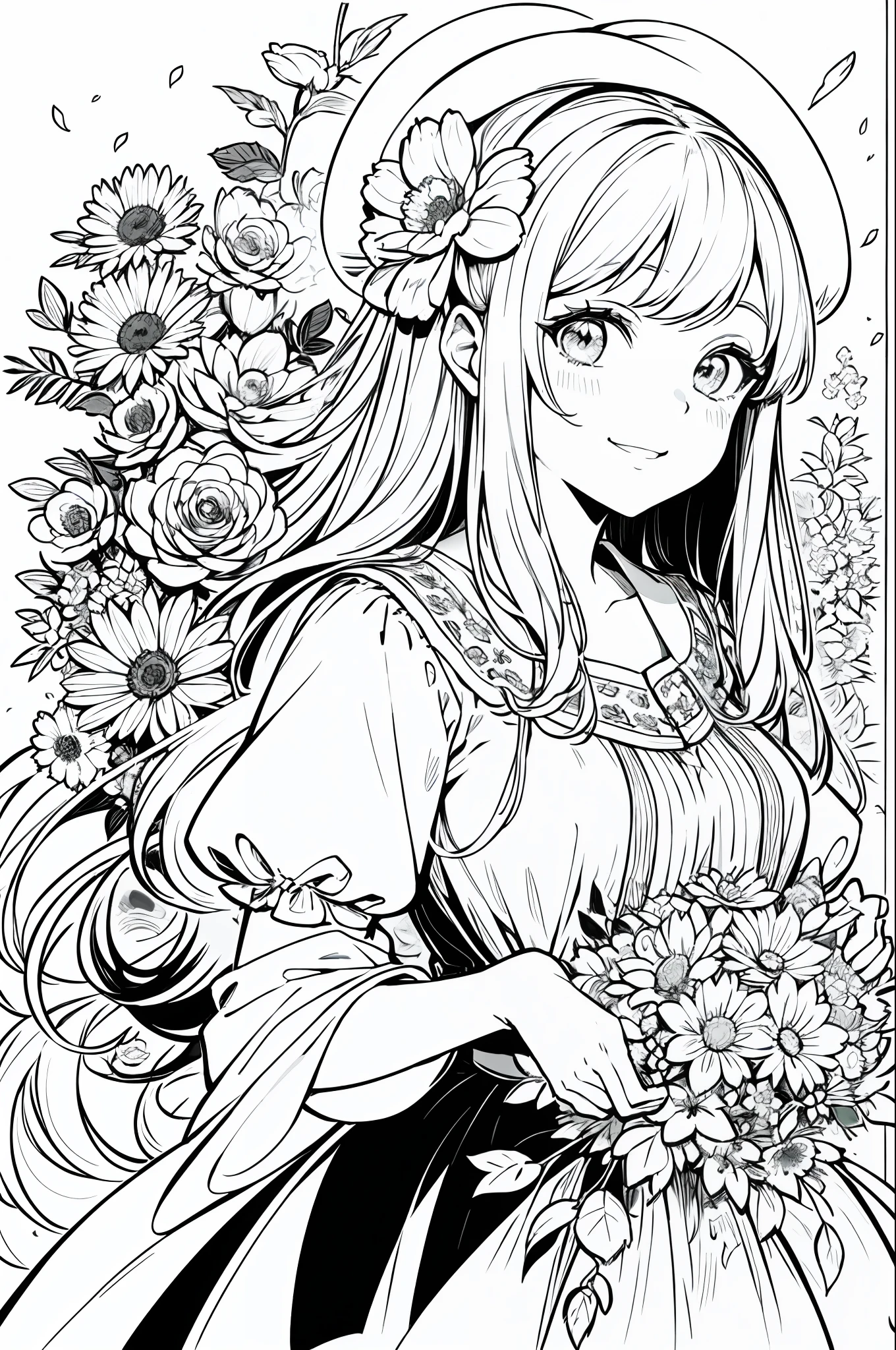 obra maestra, mejor calidad, 1 Barbie happy girl, solo, cabello largo, mirando al espectador, sonrisa, flequillo, falda, camisa, mangas largas, sombrero, vestido, arco, participation, boca cerrada, flor, volantes, flor del cabello, flower petals, ramo de flores, Clamping flower, volantes centrales, hood, flower clamping bouquet, campo, flor, castillo, lineart, monocromo,