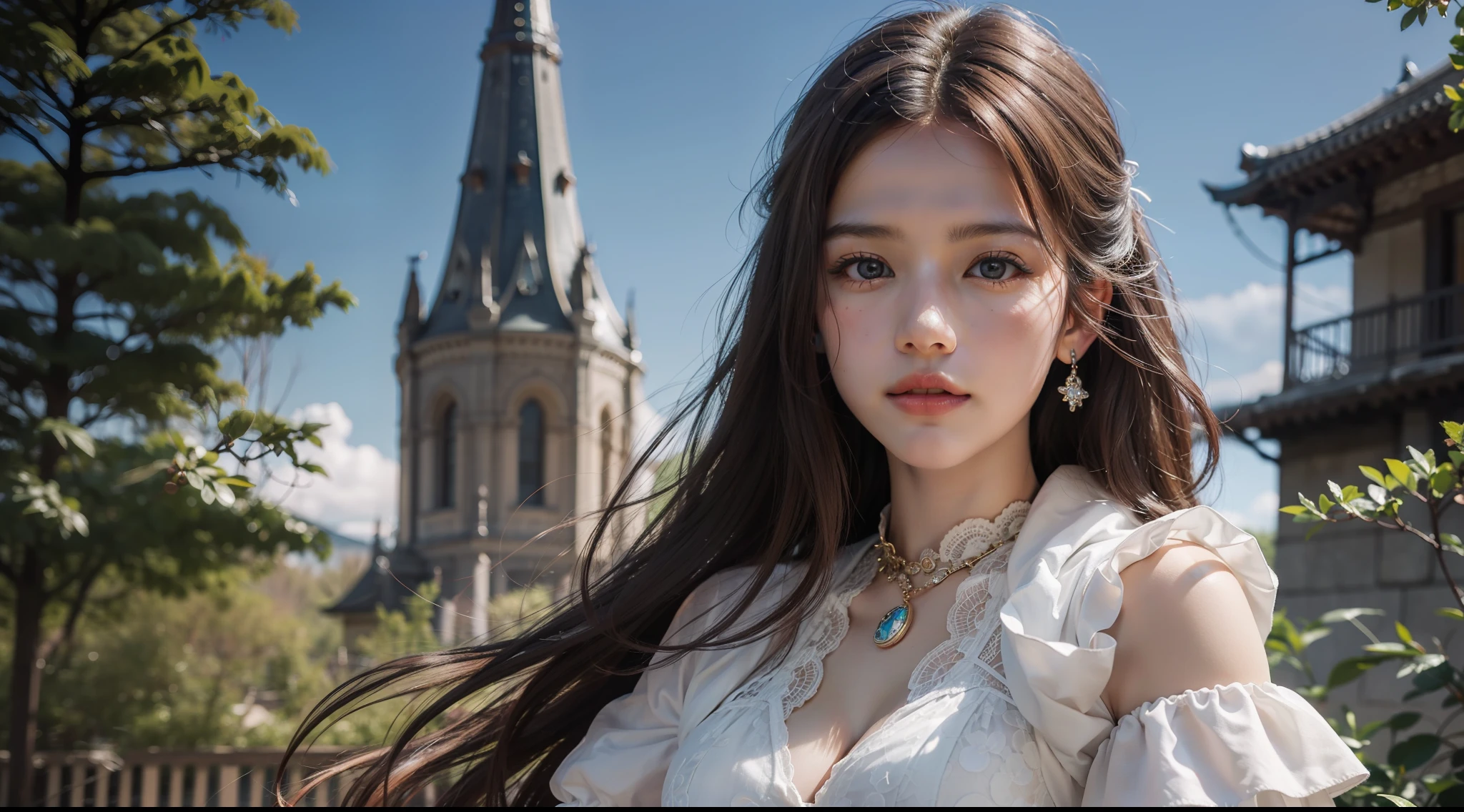 Pure warm white light,Plus the charm of a brunette girl,Refined eye detailing,It presents a very realistic image of a royal sister。4k picture quality,Perfect execution,The background is a very nice looking scenery,Portrait to the thigh