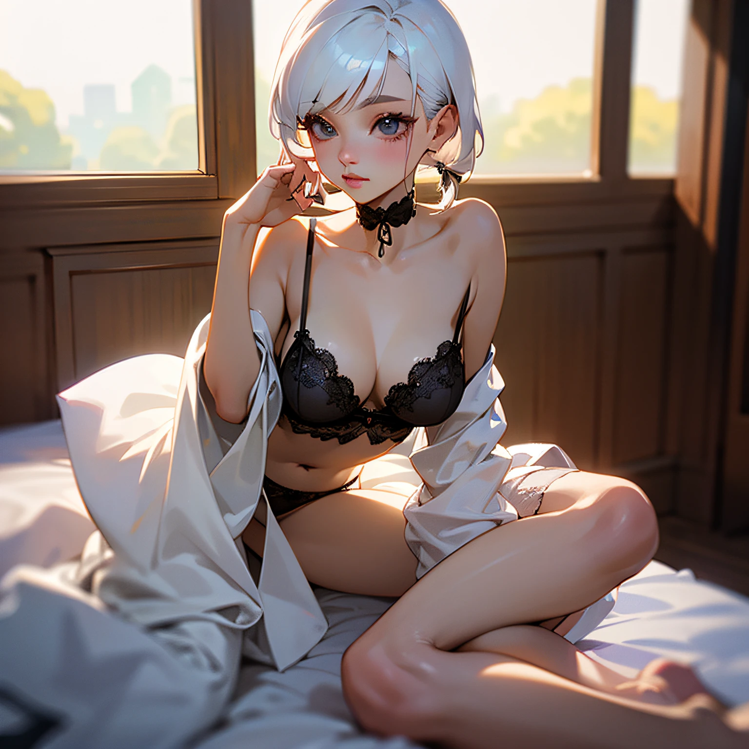 Realiy，Beautuful Women，young，Korean style，wear lingerie，with short white hair，tying  hair --auto