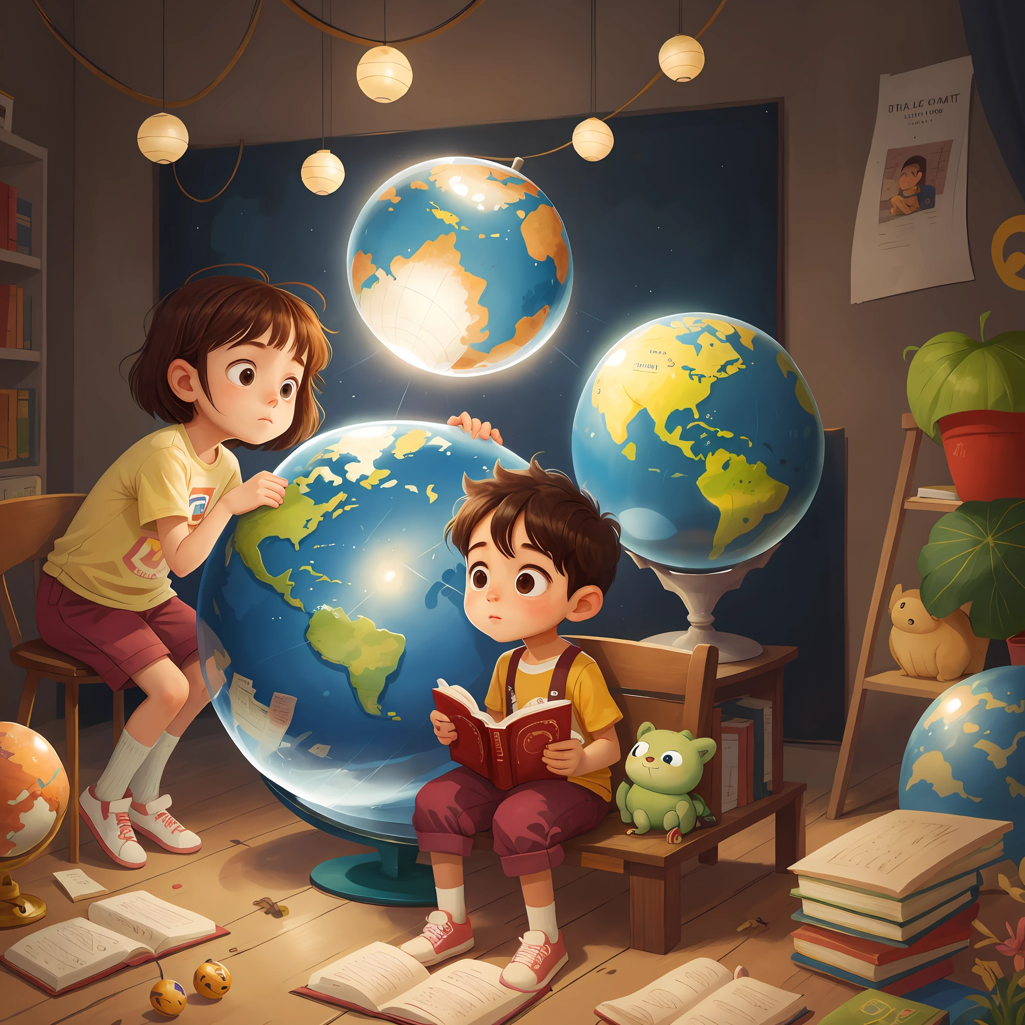 A little boy and a little girl sit on the globe reading a book