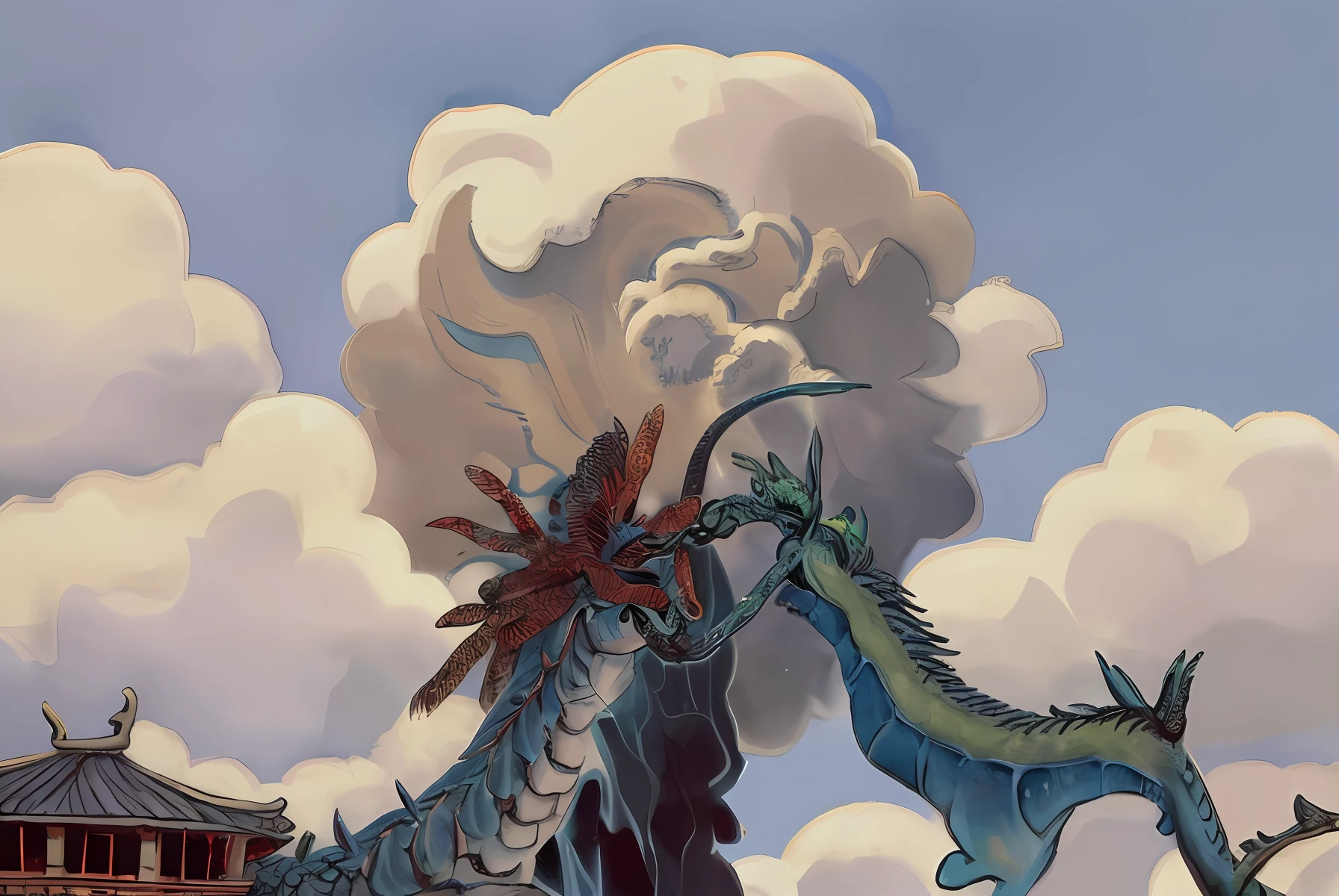 Auspicious clouds,Phoenix Pavilion is confused;Breath is asive,Shrouded the Dragon Tower