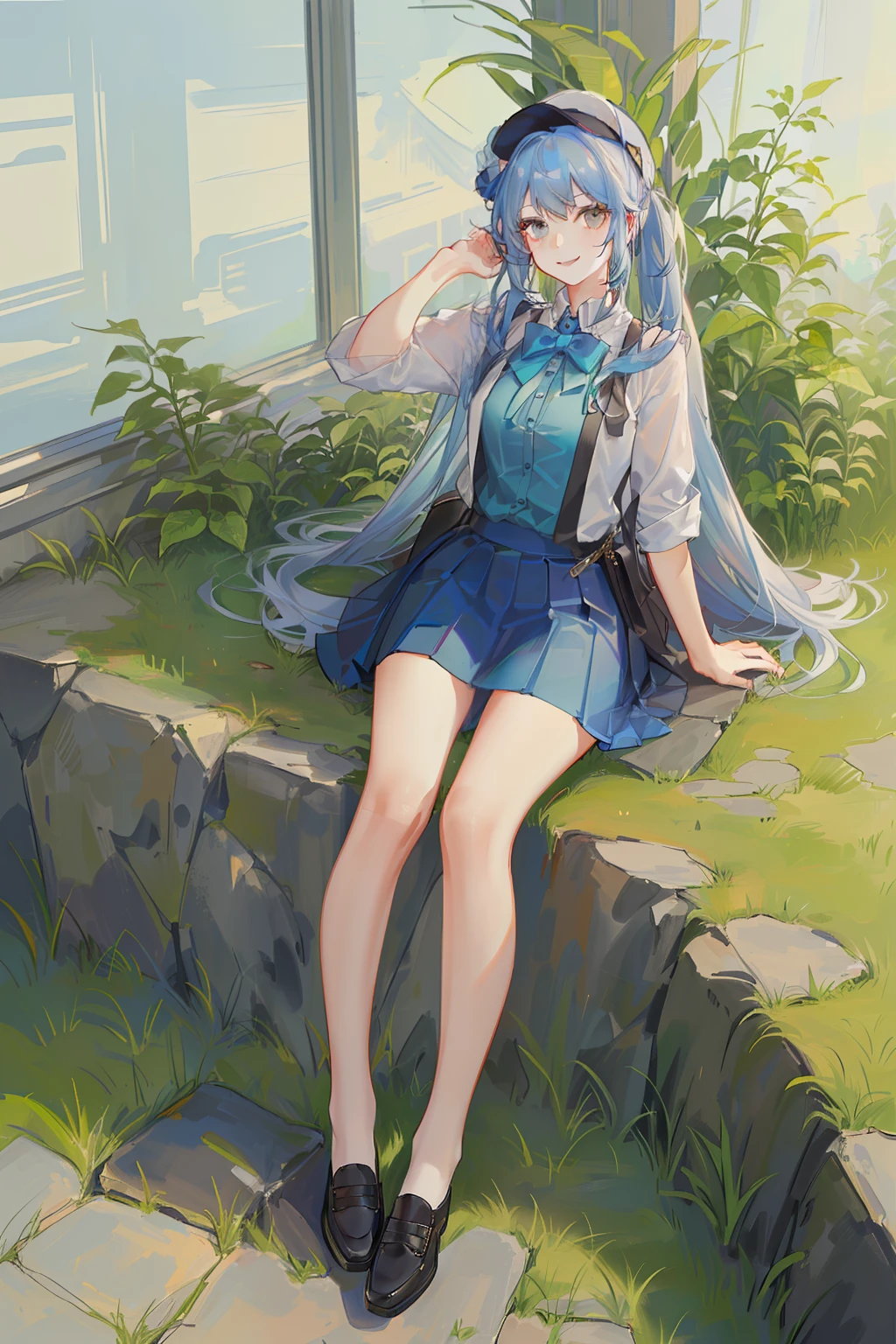 schoolgirls,blue hair,High ponytail,white skinned,Gray eye,With a blue hat,ssmile,exteriors,Pomegranate skirt,tmasterpiece,delicated