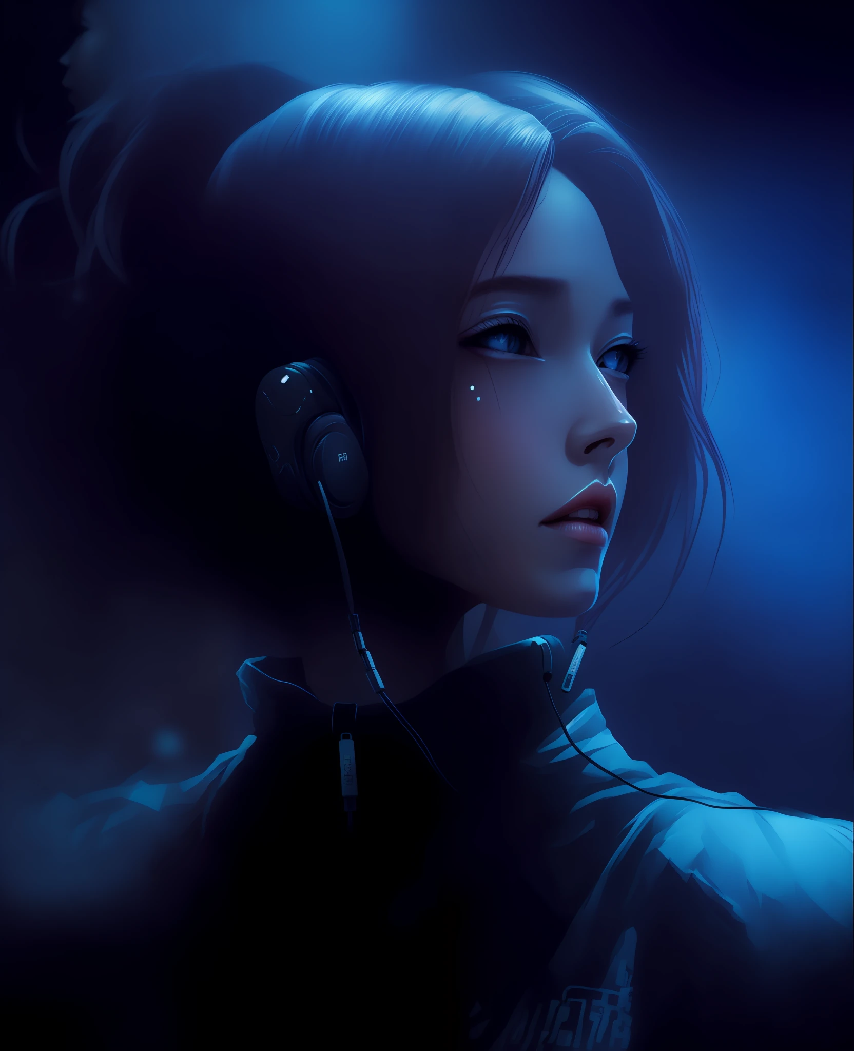Anime girl with headphones in dark room with blue light, dreamy cyberpunk girl, the cyberpunk girl portrait, Guviz-style artwork, beautiful cyberpunk girl face, cyberpunk portrait, Ross Tran 8 K, Digital cyberpunk anime art, cyberpunk beautiful girl, wojtek fus, female cyberpunk anime girl, portrait beautiful sci - fi girl, cyberpunk anime girl, Phlegm sputum, phlegm. sci-fy