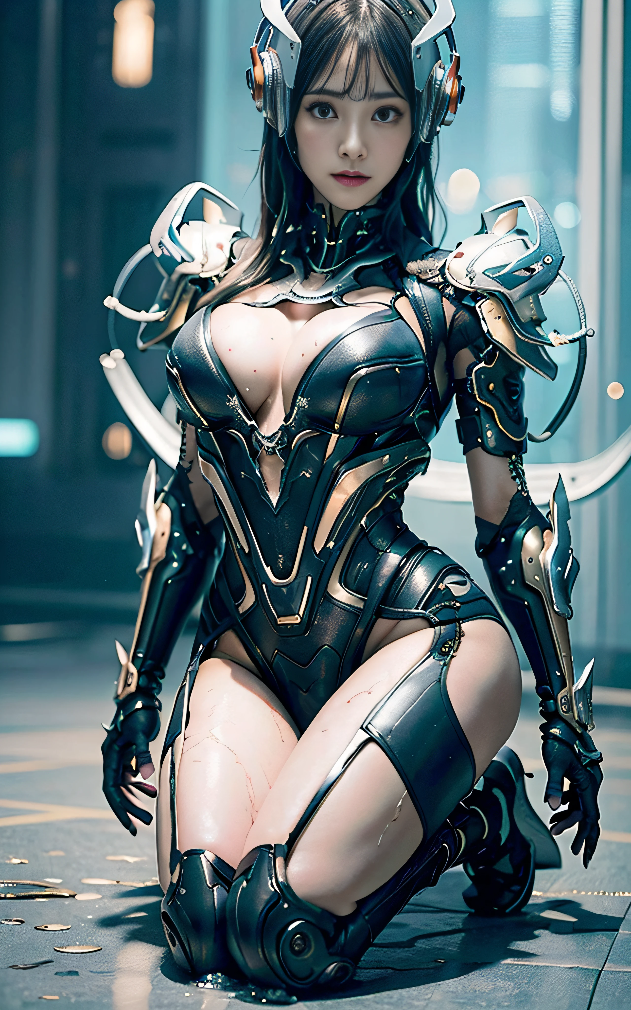 masterpiece, top-quality, hightquality, (the future:1.1), (Cyberpunk clothing), movie lights, (exquisite future), Beautiful and beautiful, ultra-detailliert, amazing composition, floating, depth of fields, (extremely details CG,Unity 8k壁纸), (beautiful detail background), beautiful hair details, dramatic lights, gogetta, mechs,Best Quality,超A high resolution,photoRealstic,((Sit down and kneel up)),tits out,cleavage of the breast,Open your crotch,wet floor