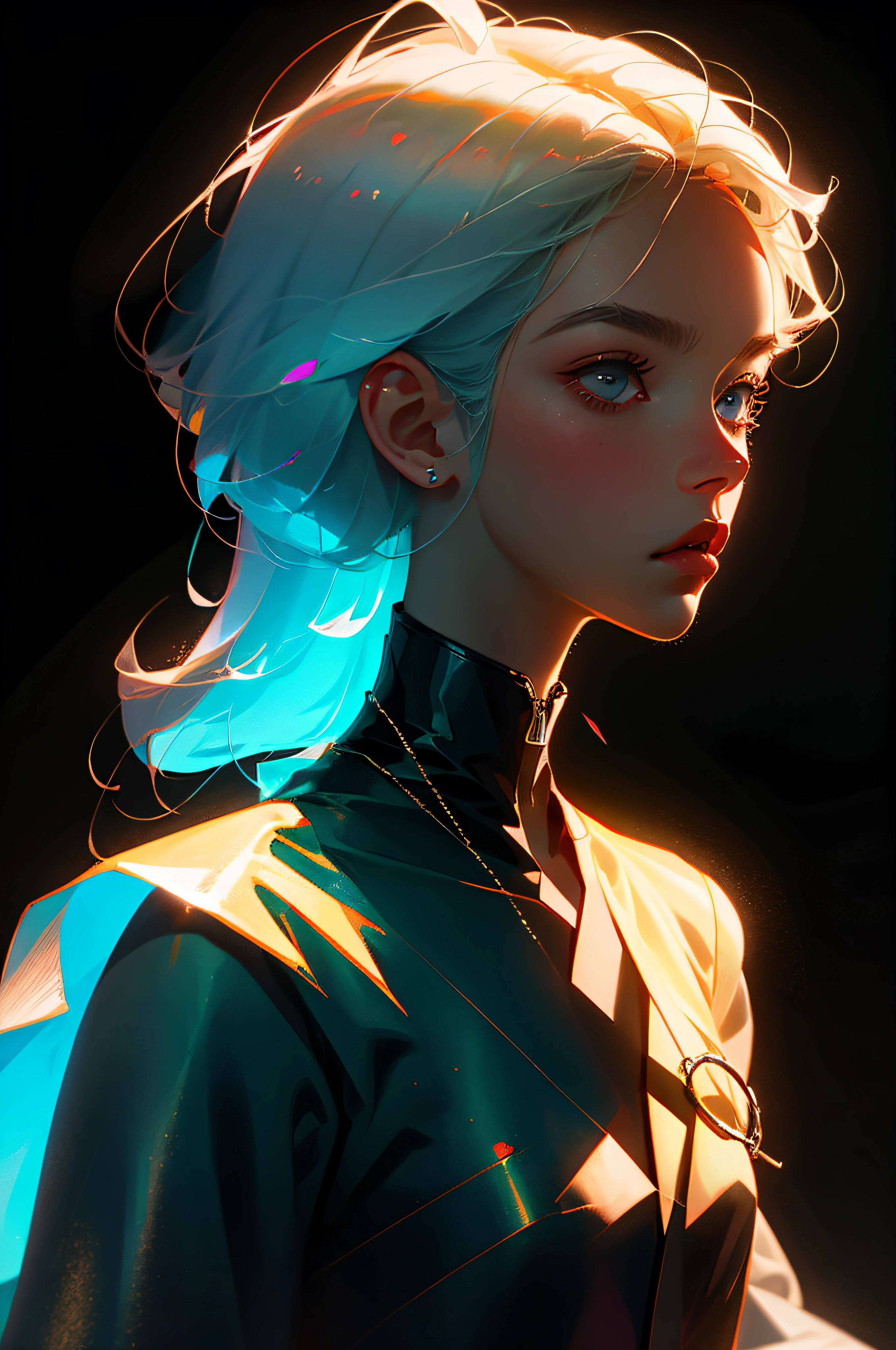 Highest quality,The perfect masterpiece,Perfect artwork,8K, (Upper Body Portrait:1.5),(((Seen from the side:1.2))),close-up lens,Delicate face, White-haired boy,(hakuhatsu:1.3),short and medium hair,(Black background:1.3), pearl illusion,Cyberpunk,fashion trend,3s material,high-definition,detail representation,c4d,3D,octane rendering,ray tracing,complex details,animated lighting,OCrenderer,8k,
