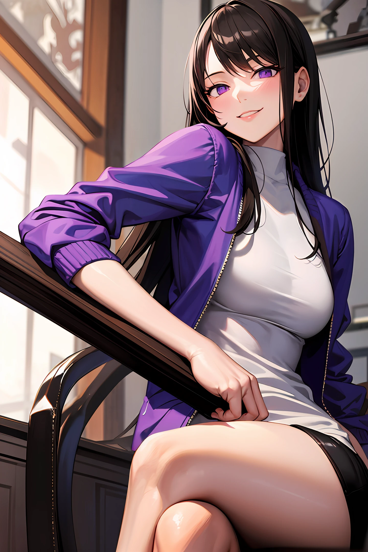 Highly detailed, High Quality, Masterpiece, beautiful, Kafka, 1girl, solo, jacket, purple eyes, crossed legs, seductive smile, from below, smirk,
