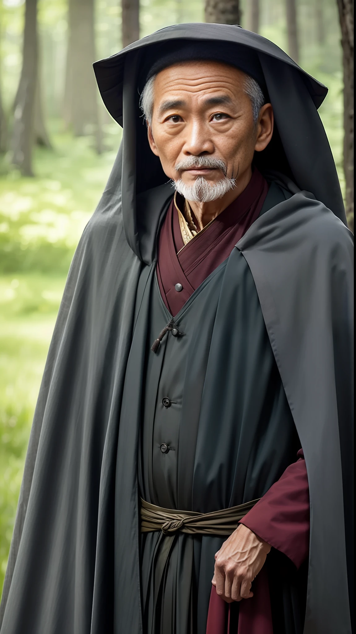 uhd realistic faces,Ancient forests,Master demeanor,Grandpa,upper body photos,Wear robes and hats,asymmetrical portrait,Asian face,with a long beard,The expression is serious and solemn,hoary,Stand in the mountains,Enhance realism,Dark colors。Wearing a flowing cloak