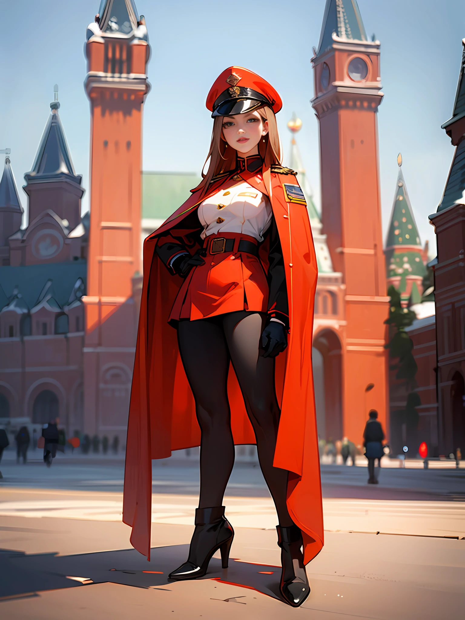 red square moscow,Female soldiers,frontage,Full body photo,army suit,Female soldiers,a skirt,black heels,delicated face,lips in red,Height 1.8 meters --auto