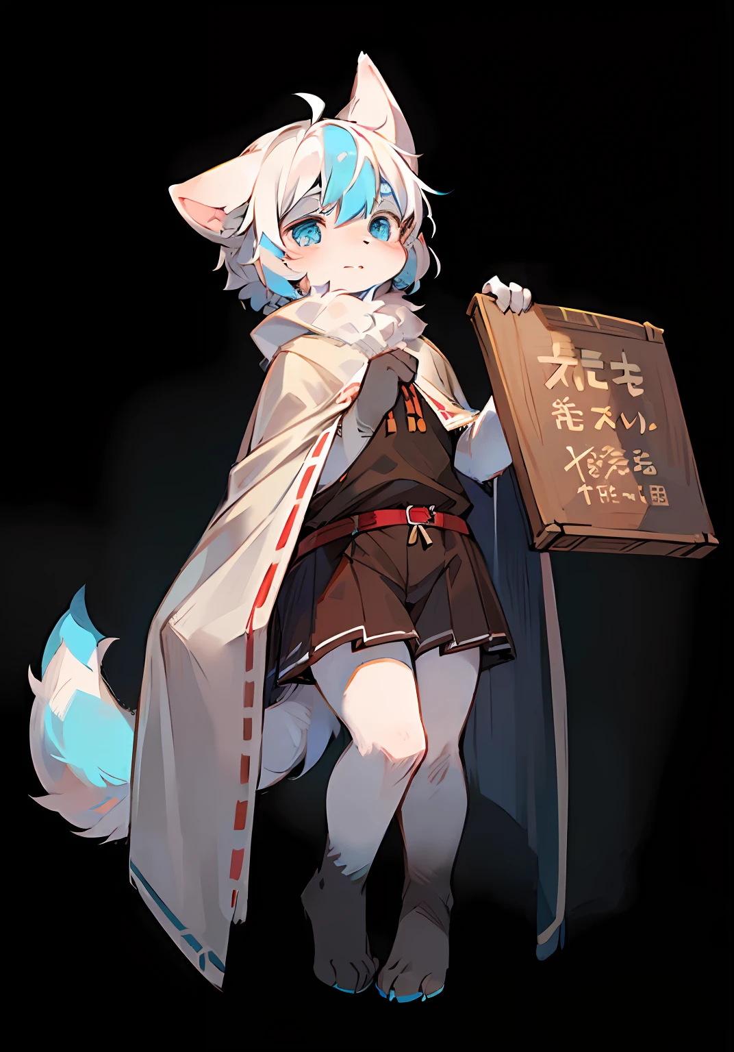 (ambiente dark:0.8),Masterpiece,High quality,abstract res,Digital painting\(artwork of a\), by Dagasi, Yupa,Kiyosan,(anthro,Fluffy fur,Character focus:1.1),anthro male cat,Short hair, eyes with brightness, in a panoramic view, Character focus.(detailedbackground:0.7), 独奏, shaggy, shaggy male, malefocus, anthr,(Full Body Furry, Fluffy tail, Pure white fur, White ears,Holding a big sign,blue color eyes, White color hair:1.2), (long canines、cloaks:1.2)