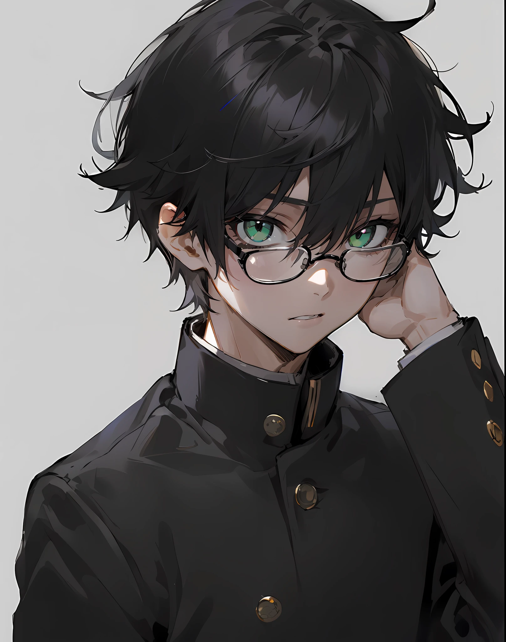 1boy, Male focus, Solo, Green eyes, slit pupils,Vertical pupils,Snake pupils,gakuran, Black hair, Glasses, school uniform, Upper body, Simple background, parted lip, hair between eye, view the viewer, Short hair, Long sleeves, black-frame glasses, bangs, Black jacket, Jacket, greybackground,No red halo