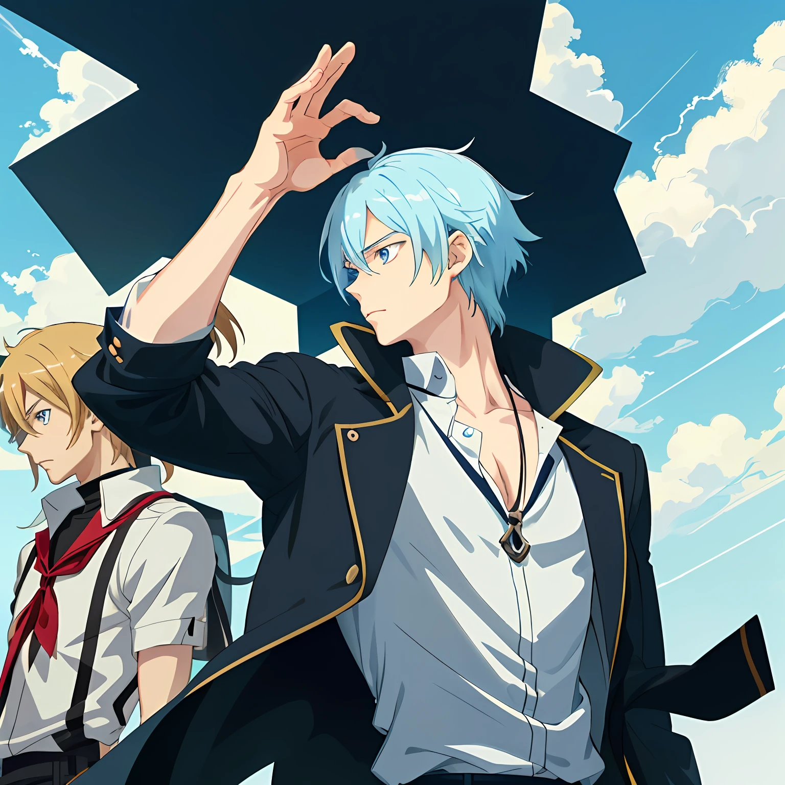 Anime - Stylistic image of a man in a blue shirt and a black and white jacket, redline anime movie style, Handsome anime pose, Style anime, young anime man, aesthetic award winning anime, Anime handsome man, Anime boy, High Quality Anime Art Style, Male anime style, Tall anime guy with blue eyes, male anime character, Makoto shinkai style