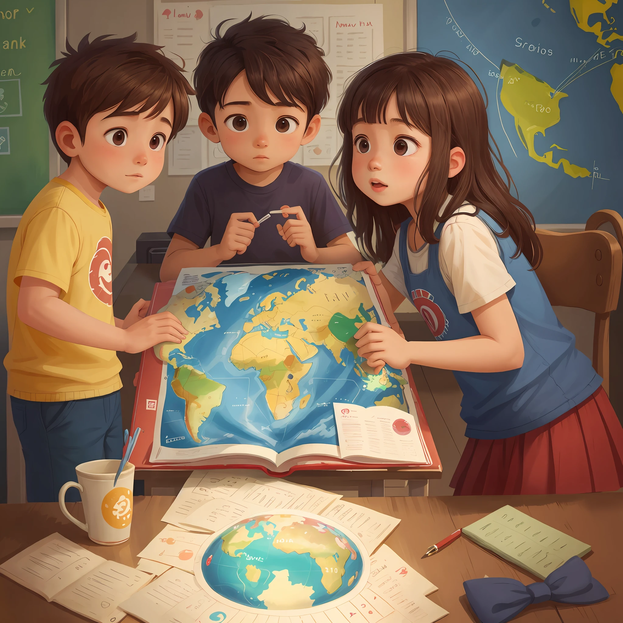 A  boy and a littl learn geography together