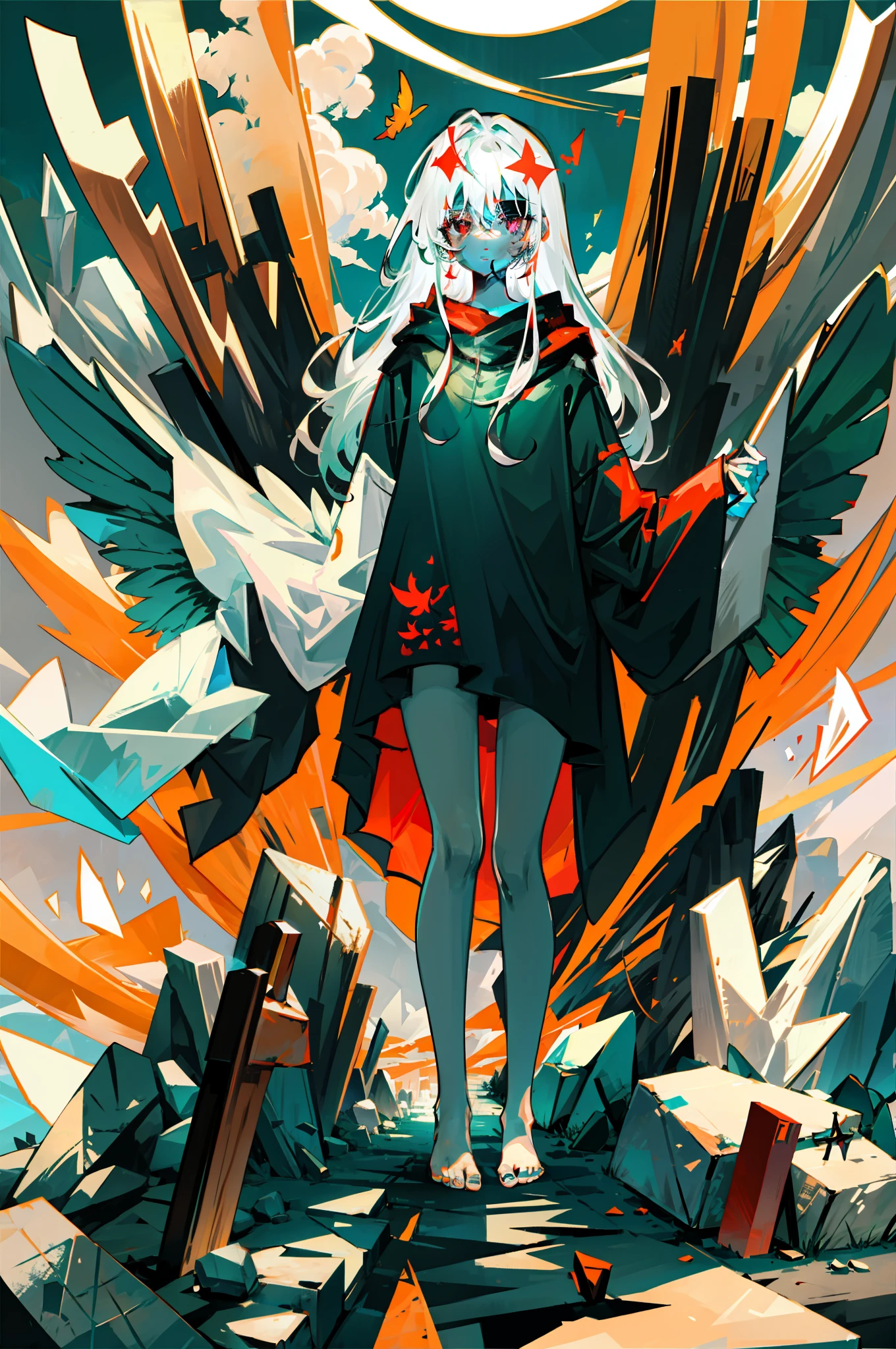 (tmasterpiece), highly detailed, 8K,,Harmonious composition,cold shades,Beautiful girl with white hair, Long hair and red eyes,Barefoot and shoulders,Angel wings,black cloaths,Surrounded by a large scene cemetery