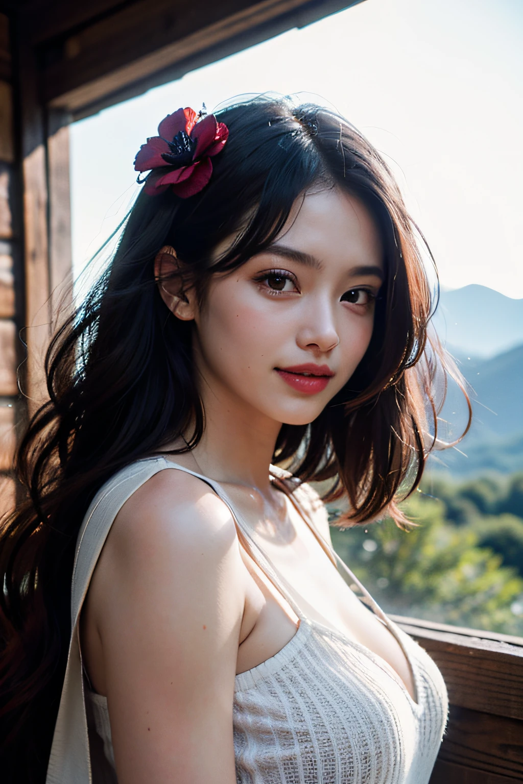 (in 8K、 Raw photography、top-quality,、hight resolution),、(hyper realisitic)、(realisitic),、Soft light、、girl with、Lifelike face、Realistic body、real looking skin、absurderes、masterpiece、Cuties、独奏、Innocent eyes、blusher、Cinema Lights、cherry colored lips、The hair 、a closeup、looking at viewert、 Open lips,、Upper teeth,、(Smiling eyes:0.6)、eyes focus、professionally lit、CG Social Trends、Plastic En、((Black Long Hair))、((Beautuful Women))、(A smile)、Fashionable、(A sexy)、Hair that flutters in the wind、((Flowing hair))、Happy -、fashion magazine、((lighting like a movie))、(the woods)、((mountain hut))、the morning sun、((Red Flower Hair Ornament))