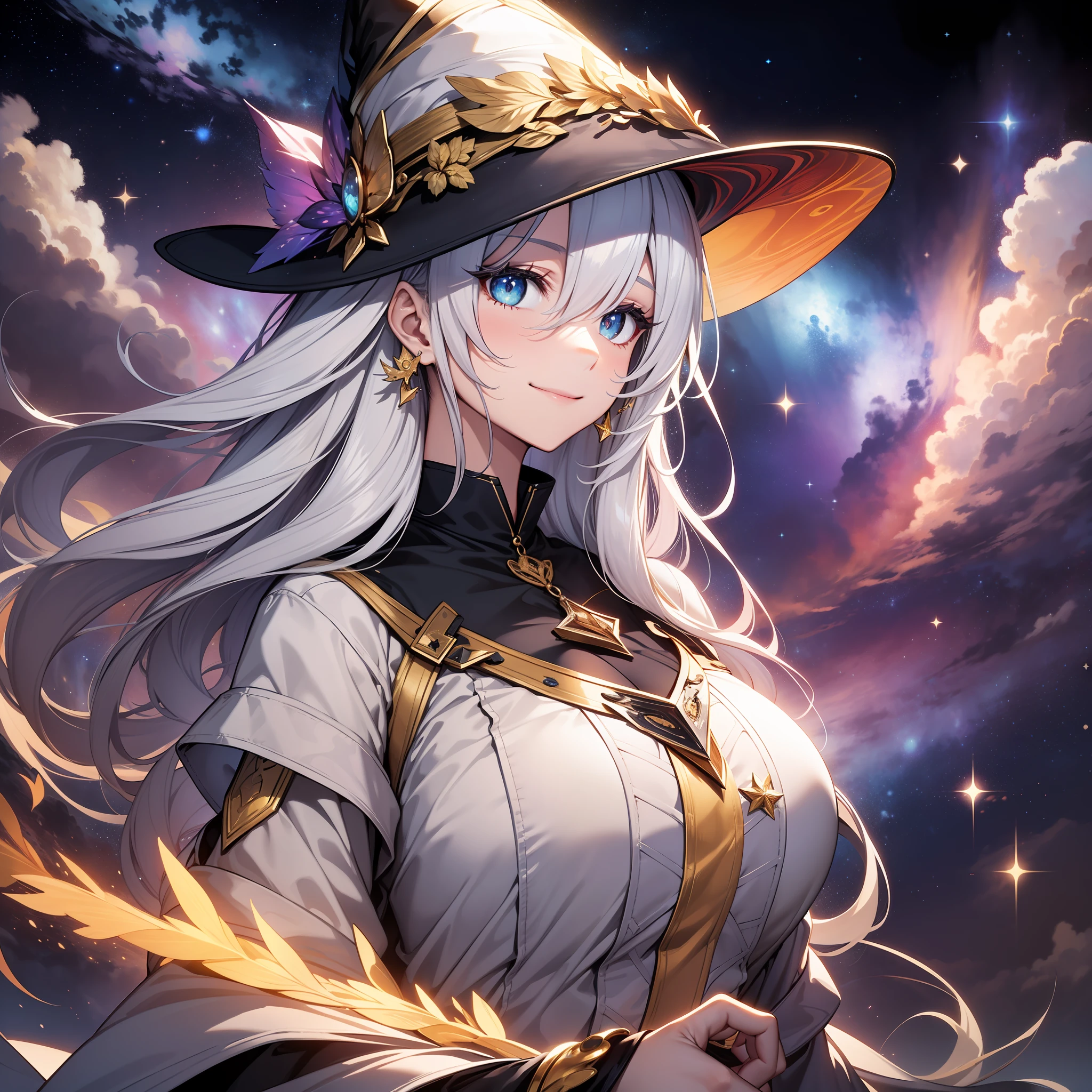 White-skinned beauty in witch hat smiling,Upturned gray hair,Heterochromatic pupil,sparkle in eyes,golden hairclips,Stand on the magic array,Wand in hand,Surrounded by colorful starry sky、Galaxy River、Airflow and clouds,In the distance, There is also a huge planet and a vast universe,It is a masterpiece of carving and exquisite texture。