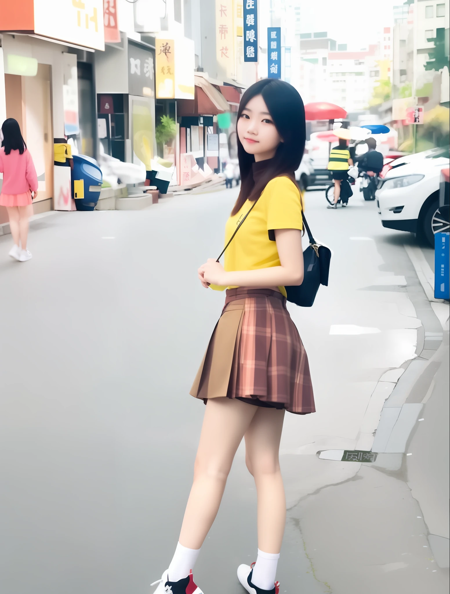 Arapei girl in skirt and yellow shirt standing in the street, xintong chen, 19-year-old girl, wearing honey - themed miniskirt, xision wu, Chinese girl, full-body xianxia, wenfei ye, Student, profile photo, Anime Thai girl, personal profile picture, chengyou liu, jinyiwei, Young Asian girl