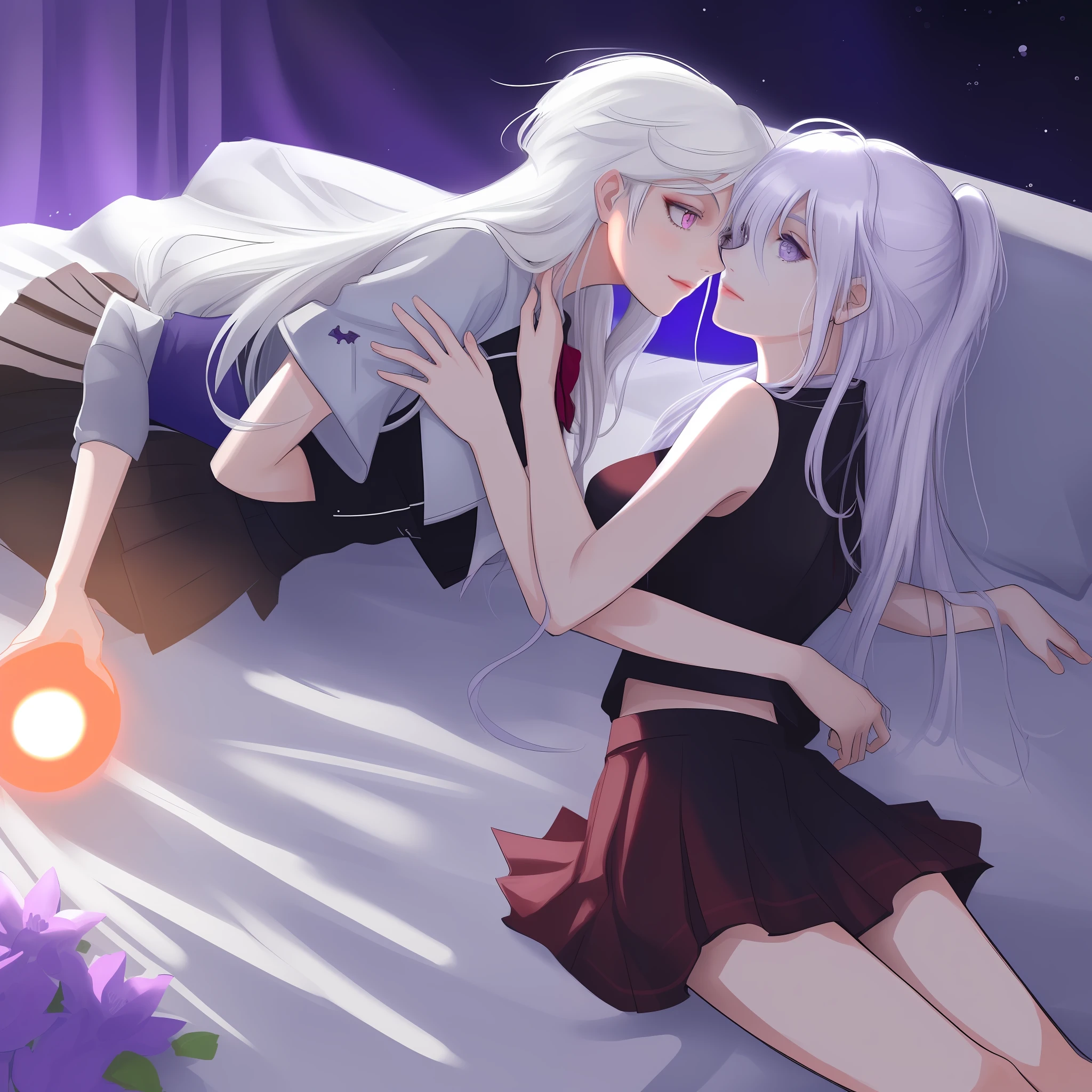 realisticlying,2girls,White hair,Purple eye,glowing light eyes,Cut the top,a skirt,parted lip,Be red in the face,the night,fresh flowers,suns,rays of sunshine,The two girls kissed each other,One girl pressed the other girl to the bed,Look at each other affectionately