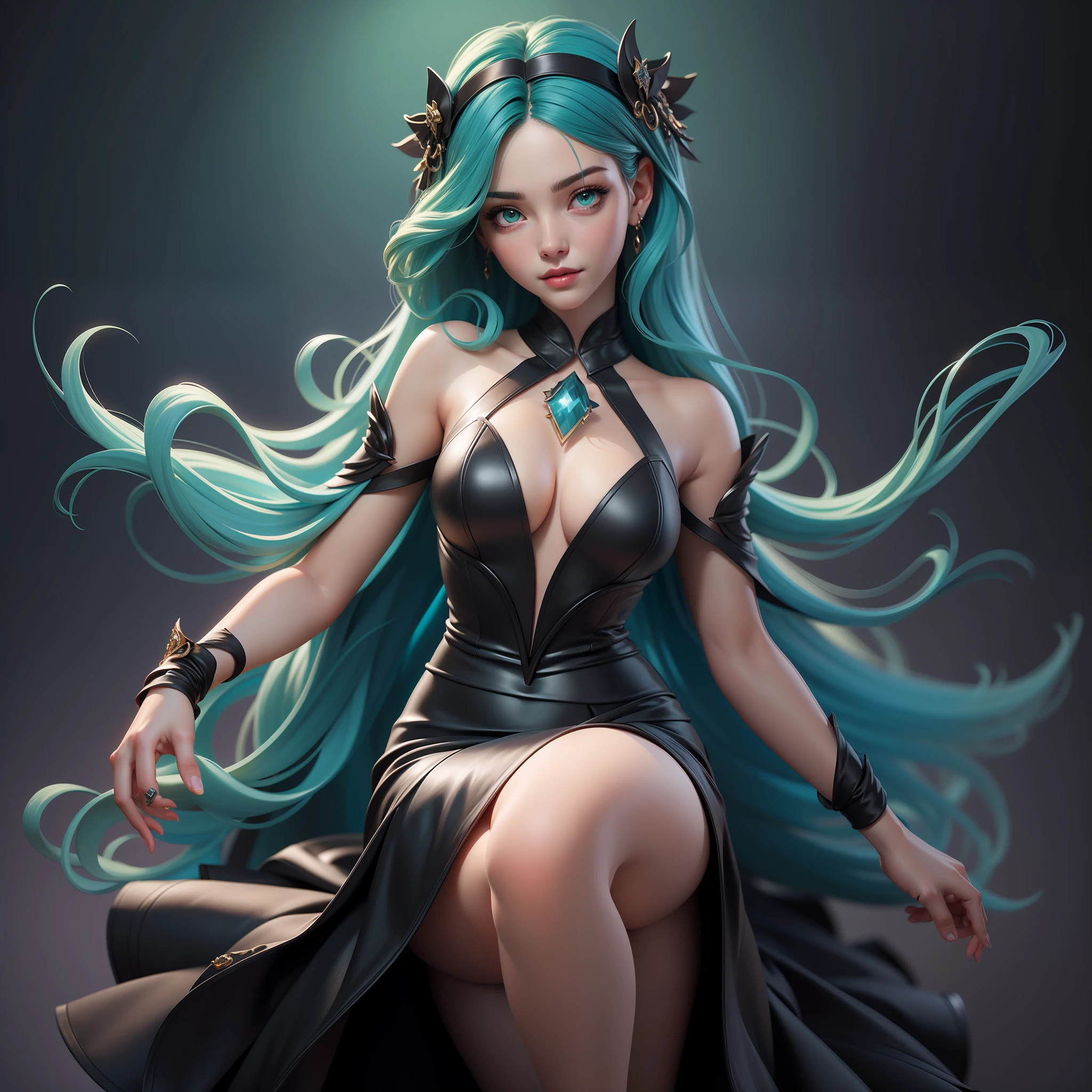 1girl, Best quality, masterpiece, realistic, photography of a girl with black clothes and green details, detailed facial features, blue glowing hair, glossy digital painting, full body, goddess of love, with black skirt, textured skin, long hair, vibrant colors, delicate face, sensual pose, full body.