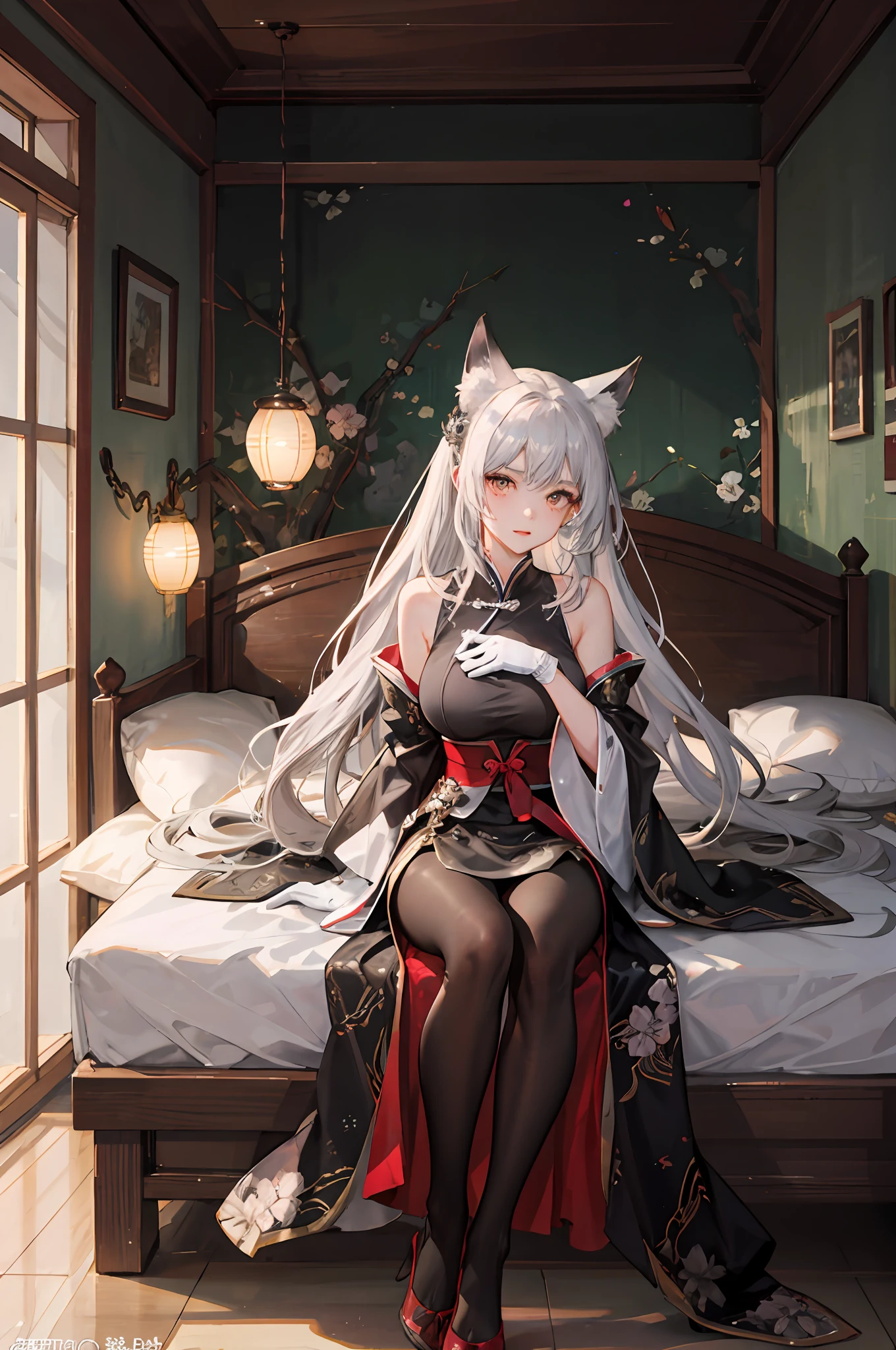 （（（1个Giant Breast Girl）），Ray traching，（dim murky lights），[detailedbackground（Bedrooms）），（（Silvery hair）），（（Silvery hair）），（（（（（Fluffy silver hair，plump and slender girl））Wears a high ponytail）））Avoid golden eyes in the ominous bedroom（（（（Girl wearing intricately embroidered black high-waisted pants with pantyhose）There are also white ruffled bow gloves），It shows a delicate and slender figure and beautiful curves，Correct limbs，sit on a bed((4K,Masterpiece,Best quality)), shuimobysim, Traditional Chinese painting, lotuses, Hanfu, maxikit,  1 rapariga, 独奏, whaite hair, long whitr hair, fox ear, white colors, 比基尼, The fish, Many fish are close to the girl, looking at viewert, Titillating，Big breasts are exposed