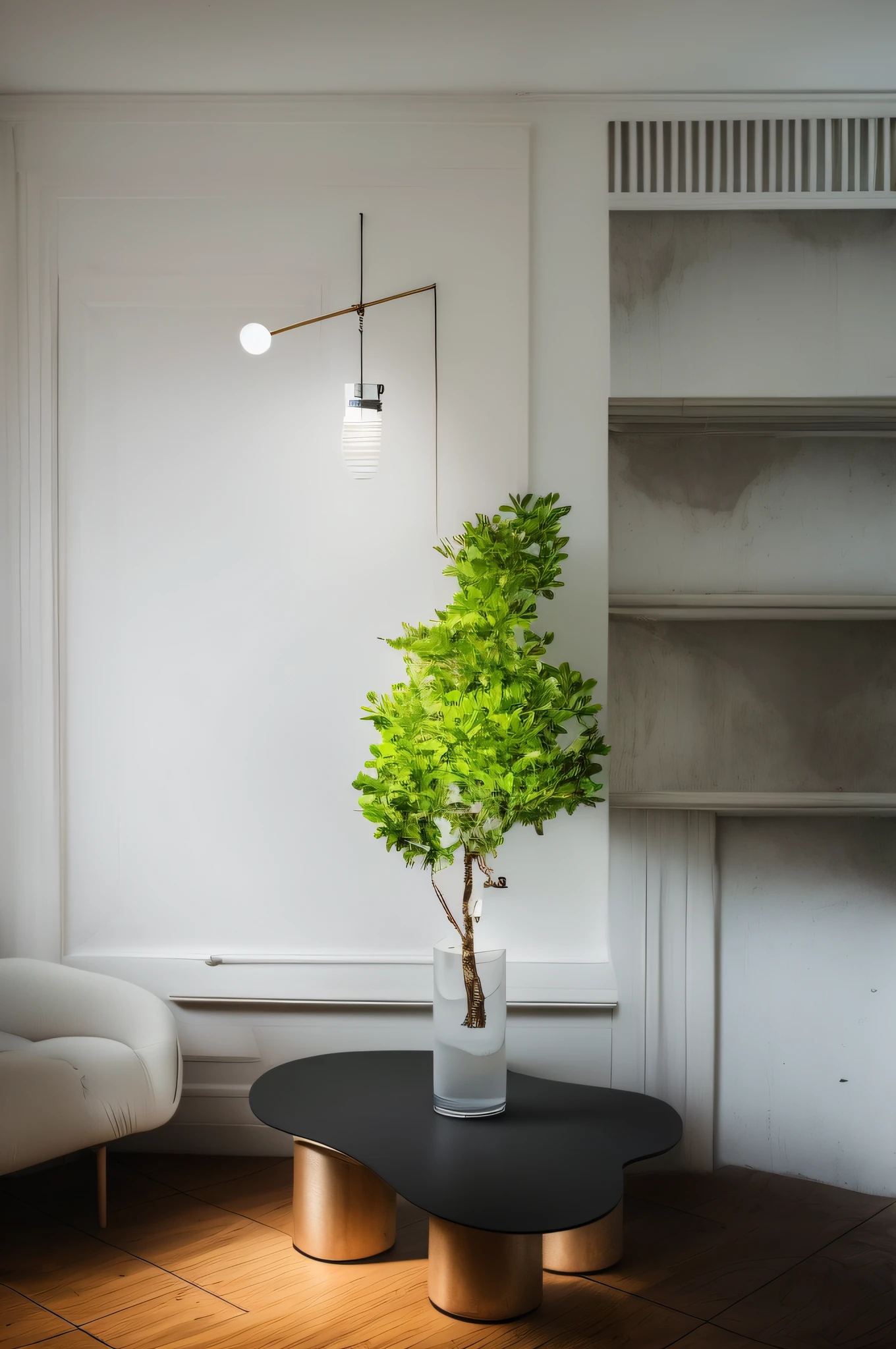 There was a small tree in the vase on the table, glowing white accent lighting, A bright room, Bright ambient lighting, bright light masterpiece, White warm color lighting, white accent lighting, oled lights in corners, Bright interior, perfect maximalistic composition, Neon accent lights, placed in a living room, crisp lighting and edges, minimalistic and beautiful, minimalistic composition --auto