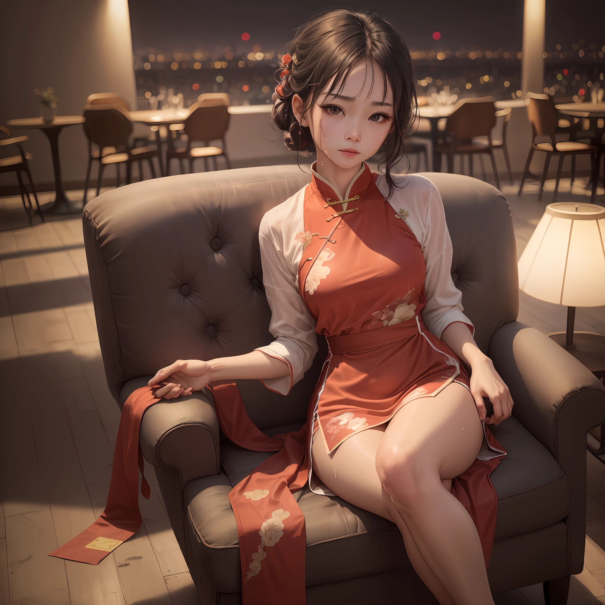 超高分辨率，best qualtiy，The photograph，16k，Bright red opening cheongsam，Sit in a lounge chair，Rest your chin with your left hand，Look ahead，Leaking a playful expression，The background is in the city at night --auto