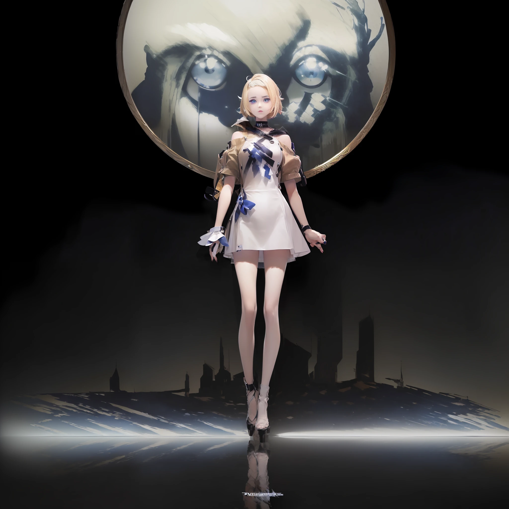 (tmasterpiece:2),(Best Picture Quality:2),(Ultra-high sharpness:1.5),(Uma personagem feminina:2),(darkly:1.5),(Dark shades:1.5),(cold shades:1.2),(white color hair:1.4),(Short white dress:1.3),(blue color eyes:1.2)