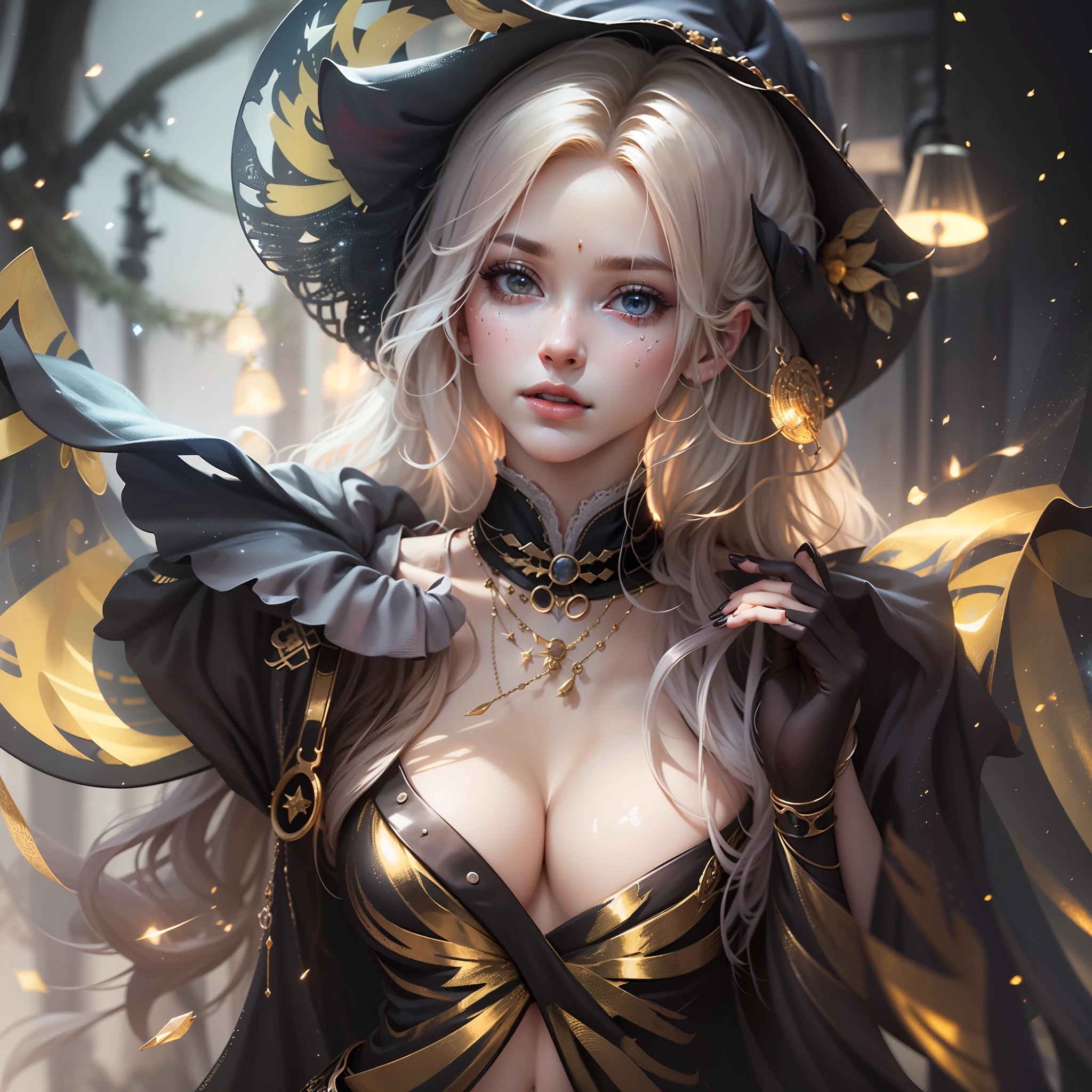 hyper-detailing,A high resolution,hyper-detailing,best qualtiy,astounding,top Quority,the Extremely Detailed CG Unity 8K Wallpapers,cinmatic lighting,the witch,whaite hair,huge tit,blacksilk,long leges,the golden ratio,