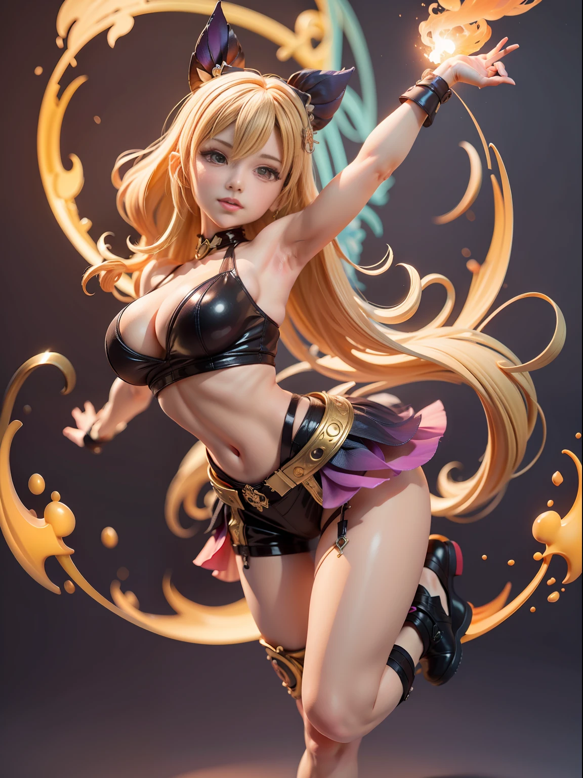 A dance of fire from the glory of kings，Figures，Super cute girl full body 3D figure，3D，Sexy clothes，Pop Mart blind box，Wallpapers，realisticlying，three-dimensional light，dancing posture，dynamicposes，simplebackground，the golden ratio，multiple angle，The atmosphere is adventurous，Adult manga style，Realistic physical rendering，Glowing skin，detailed skin textures，full bodyesbian。