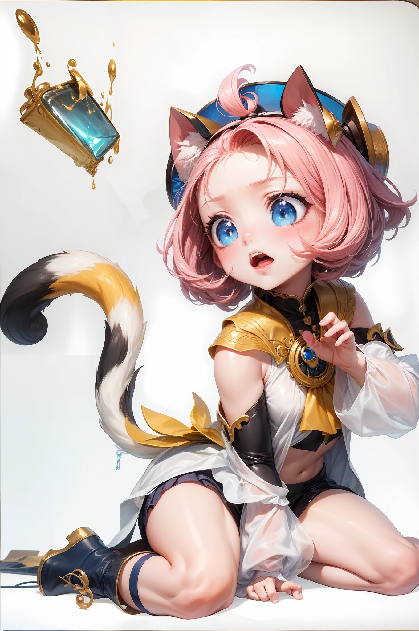 (masterpiece), best quality,ultra-detailed, white background, exquisite, (girl:1.2), pink hair, blue eyes, pure white liquid at the corners of the mouth, dynamic pose, dramatic expression, shining lips, HD, bright lighting.