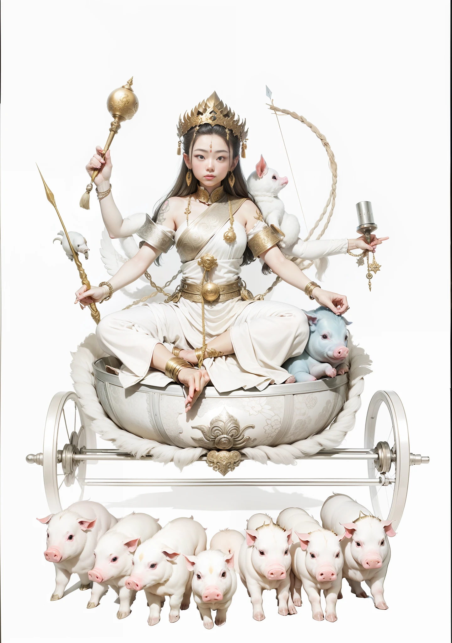 Three-headed, Six-armed female bodhisattva，Sit in a golden car，There are two wheels，A total of six hands hold various magic weapons，The ones on the right-hand side are；axe、arrow、stitches，The left hand holds the same；the bow、Cord、ligne，Bodhisattvas have fair skin，Wearing a golden crown，Bundle hair blonde，jewelry，Yingluo，Light blue dress，In front there are seven piglets pulling carts side by side with ropes，There is a round light behind the bodhisattva，The light shines，Blue sky in the background，Draw a white moon on the left，Draw a sun on the right，The characters come to life，true to life，The lighting is a front light，The light is uniform and bright，The characters are bright and natural，Photographic techniques，