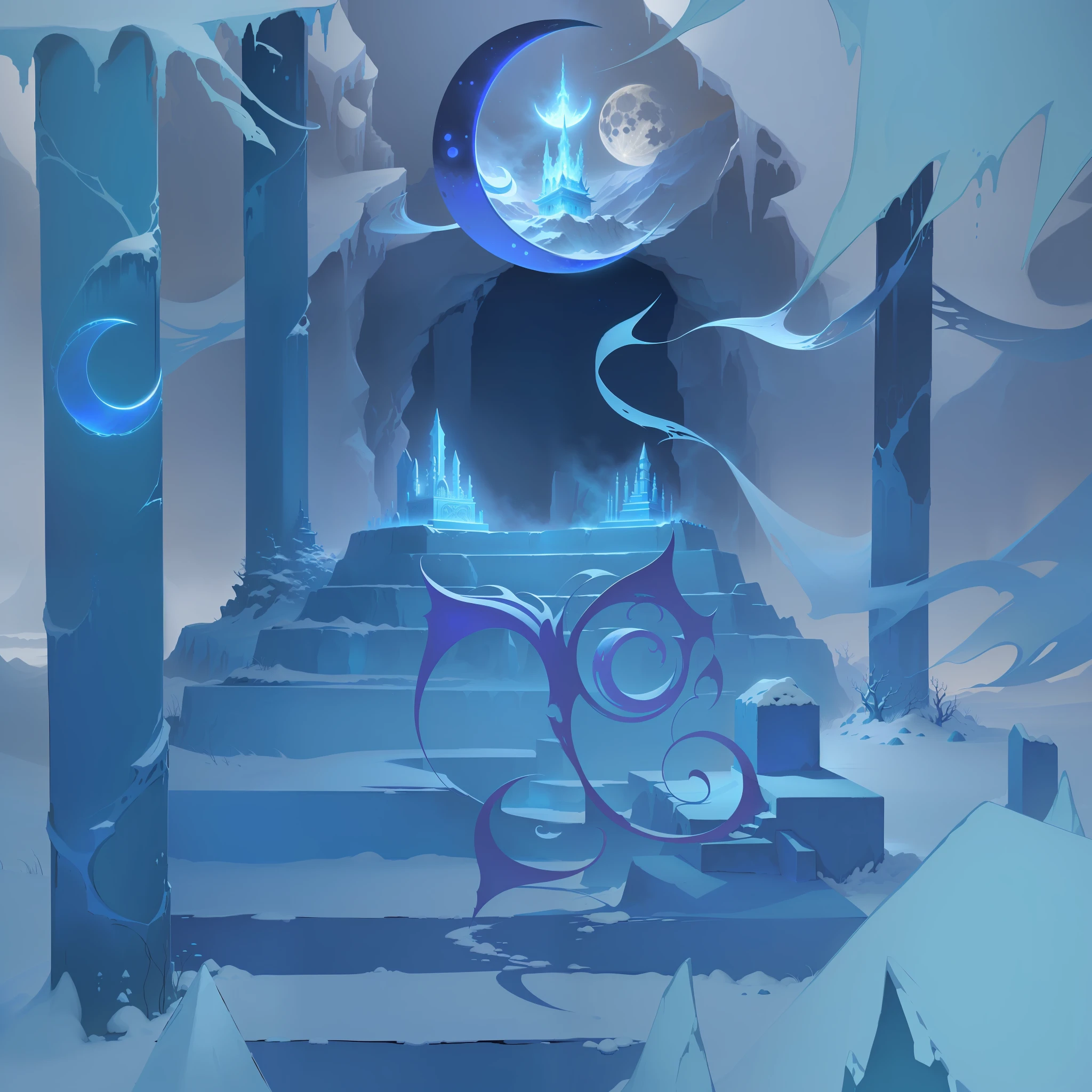 There is a blue-and-white picture of the moon, entrance to ethereal realm, random background scene, background artwork, deviantart eka's portal, an ominous fantasy illustration, in an icy cavern, altar, the background is misty, blue ground. fantasy, portal to the ethereal realm, mysterious temple setting, finished concept art,Young blue wolves float in the air