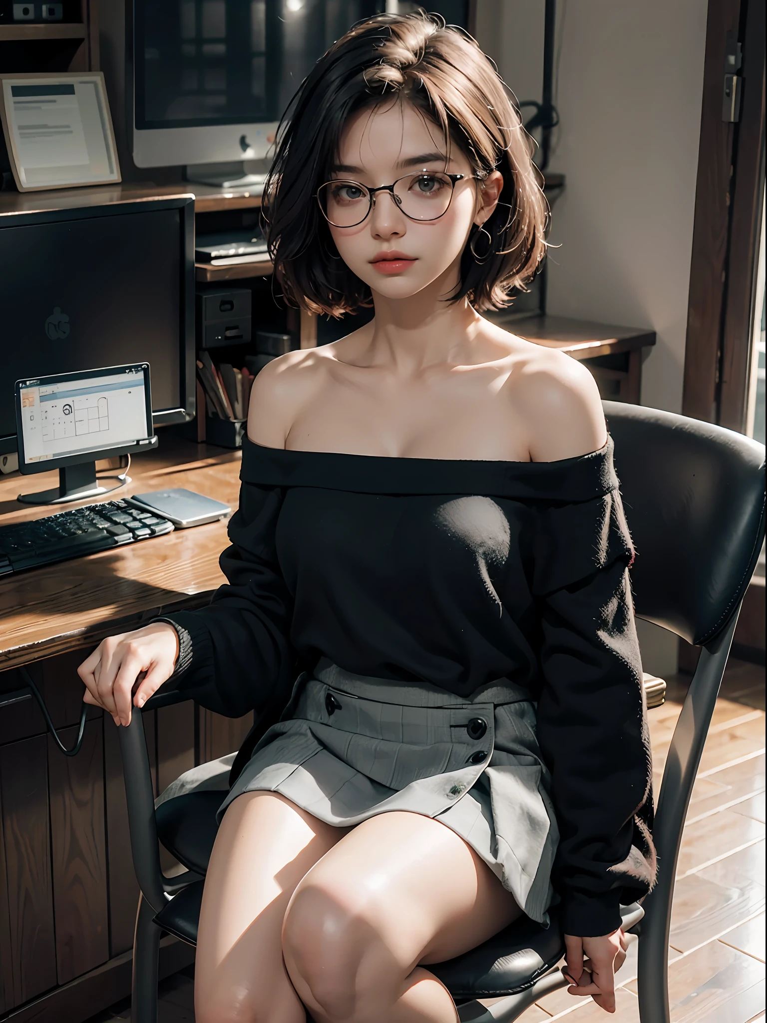 random posture, (8k, RAW photo, highest quality, masterpiece: 1.2), (realistic, photorealistic: 1.37), ultra high resolution, (photoreal: 1.4), raw photo, 1 girl, off-shoulder, medium bob, background is office, office lady, black suit, suit skirt, hands on chin, sitting on chair, legs crossed, thighs, chiralism, glasses,