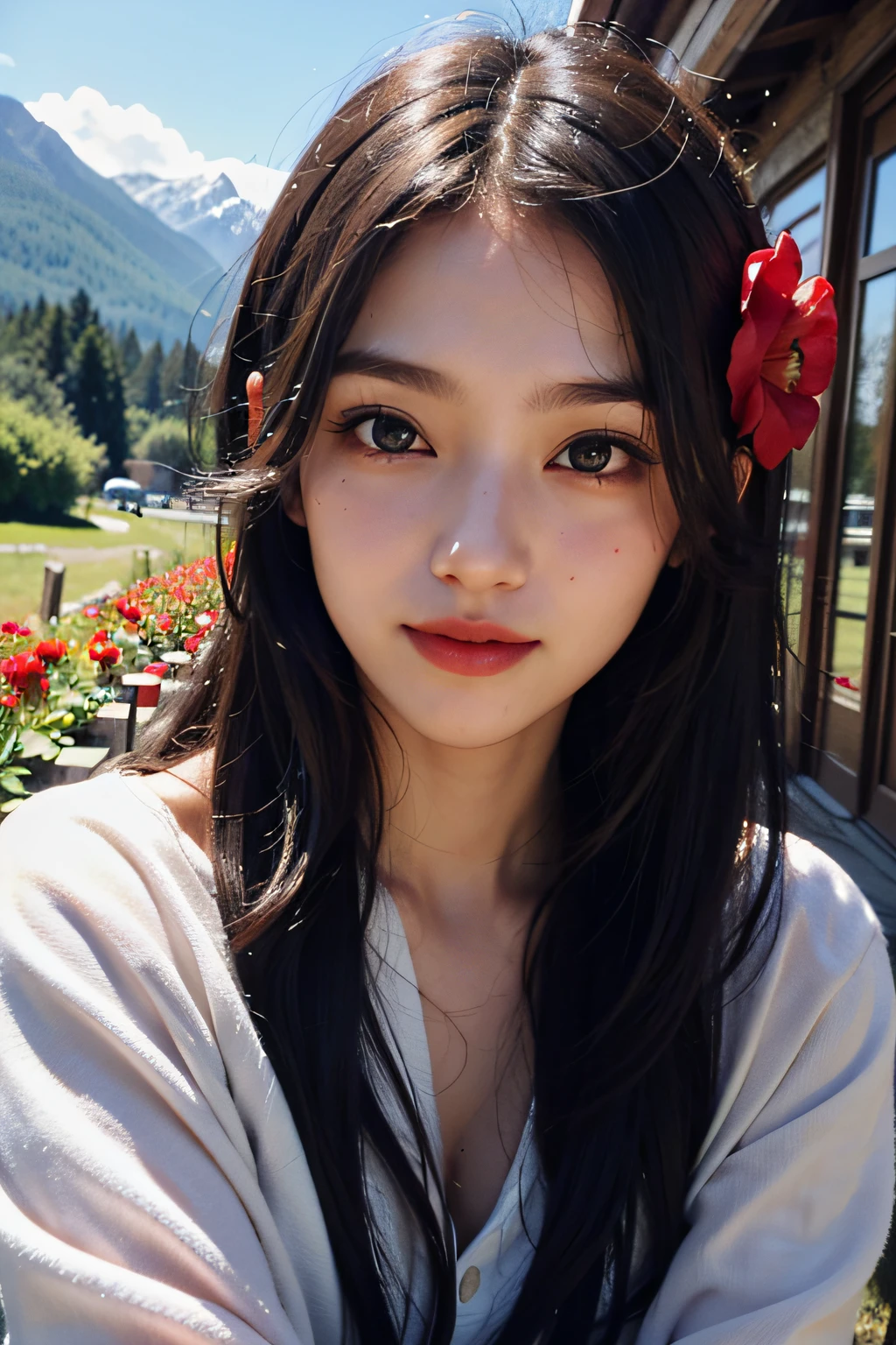 (in 8K、 Raw photography、top-quality,、hight resolution),、(hyper realisitic)、(realisitic),、Soft light、、girl with、Lifelike face、Realistic body、real looking skin、absurderes、masterpiece、Cuties、独奏、Innocent eyes、blusher、Cinema Lights、cherry colored lips、The hair 、a closeup、looking at viewert、 Open lips,、Upper teeth,、(Smiling eyes:0.6)、eyes focus、professionally lit、CG Social Trends、Plastic En、((Black Long Hair))、((Beautuful Women))、(A smile)、Fashionable、(A sexy)、Hair that flutters in the wind、((Flowing hair))、Happy -、fashion magazine、((lighting like a movie))、(the woods)、((mountain hut))、the morning sun、((Red Flower Hair Ornament))