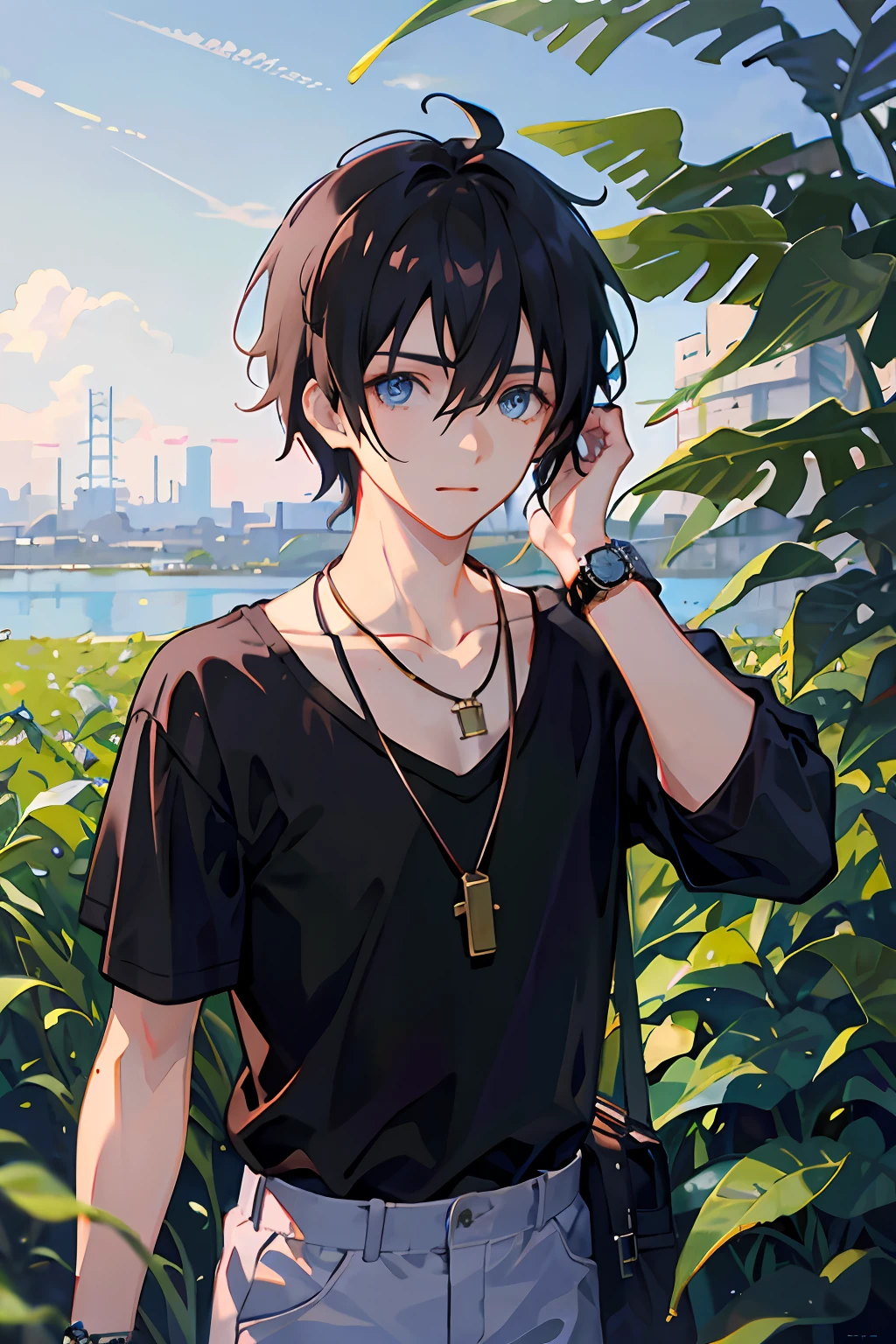 1boy, apple, bag, bangs, berry, black hair, black shirt, blue eyes, hair between eyes, jewelry, leaf, looking at viewer, male focus, necklace, pants, shirt, solo, watch, white pants, wristwatch, messy hair, trending on artstation, 8k resolution, highly detailed, anatomically correct, sharp image, digital painting, concept art, trending on pixiv, style of makoto shinkai,