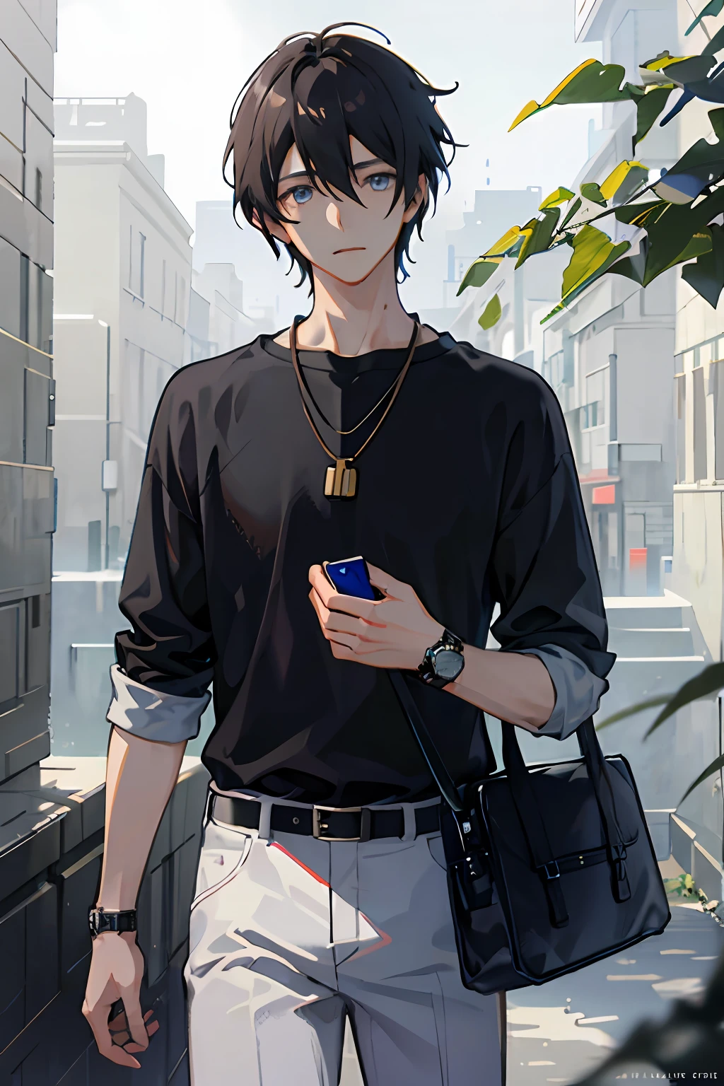 1boy, apple, bag, bangs, berry, black hair, black shirt, blue eyes, hair between eyes, jewelry, leaf, looking at viewer, male focus, necklace, pants, shirt, solo, watch, white pants, wristwatch, messy hair, trending on artstation, 8k resolution, highly detailed, anatomically correct, sharp image, digital painting, concept art, trending on pixiv, style of makoto shinkai,
