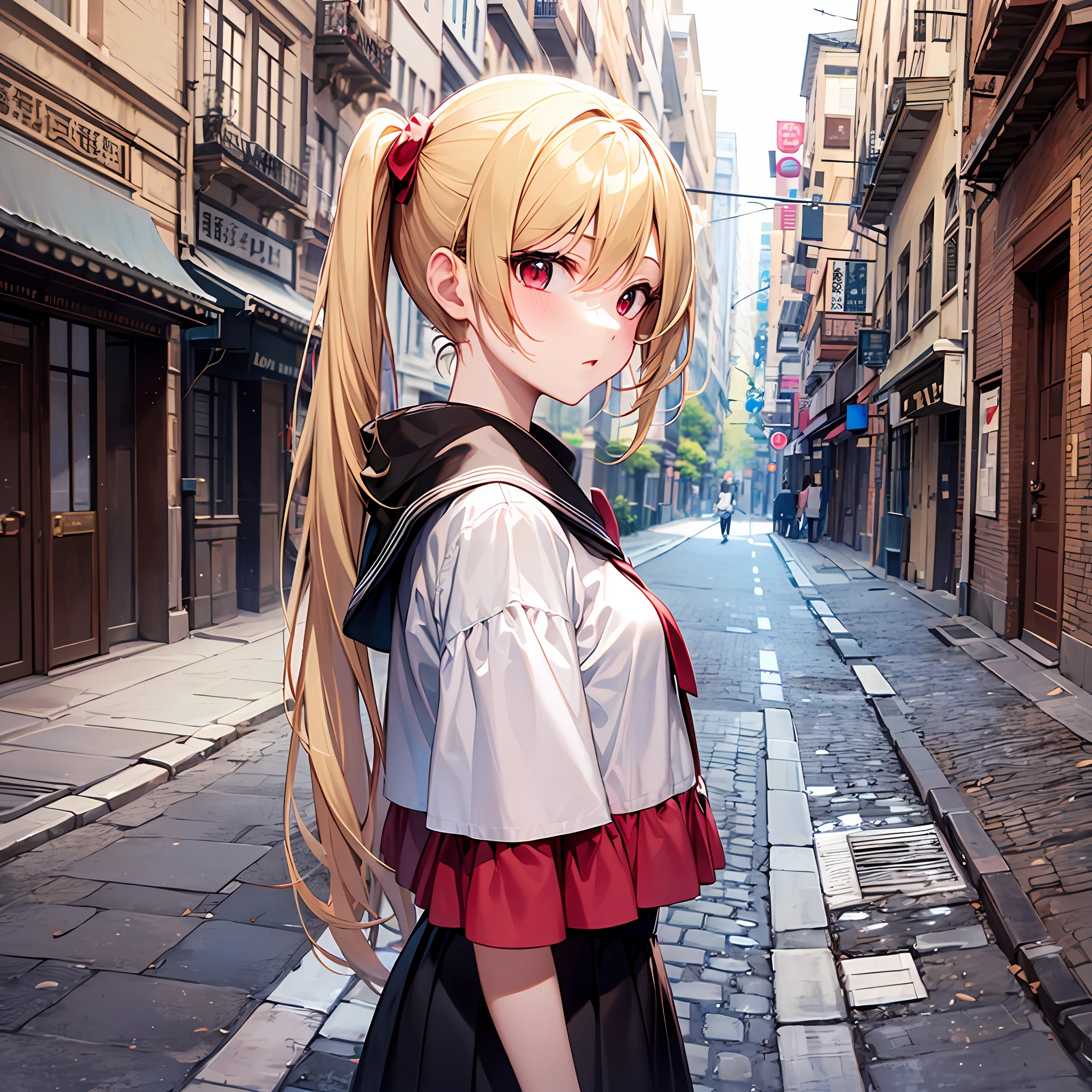 One blonde girl、red eyes、poneyTail、Long skirt