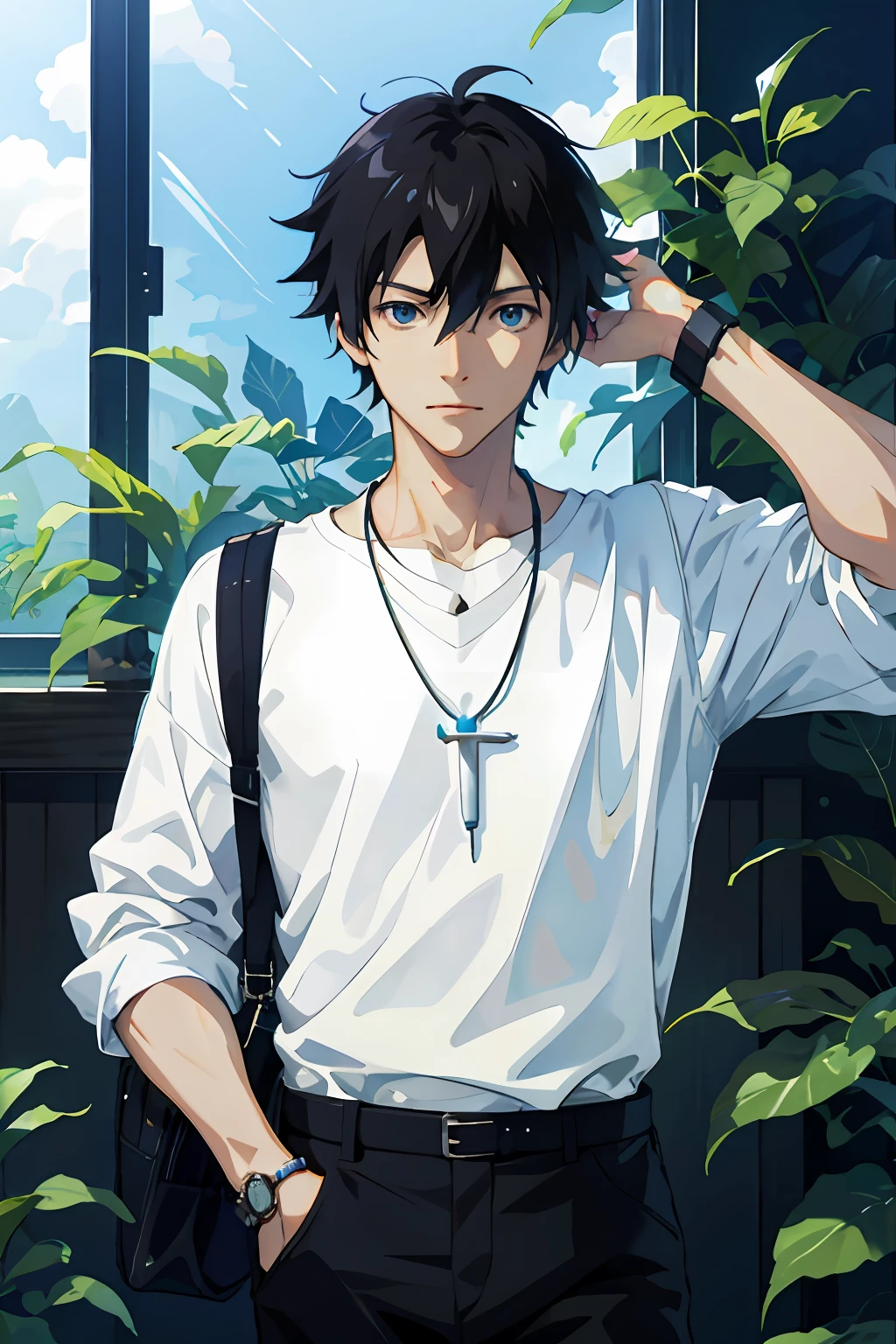 1boy, apple, bag, bangs, berry, black hair, black shirt, blue eyes, hair between eyes, jewelry, leaf, looking at viewer, male focus, necklace, pants, shirt, solo, watch, white pants, wristwatch, messy hair, trending on artstation, 8k resolution, highly detailed, anatomically correct, sharp image, digital painting, concept art, trending on pixiv, style of makoto shinkai,
