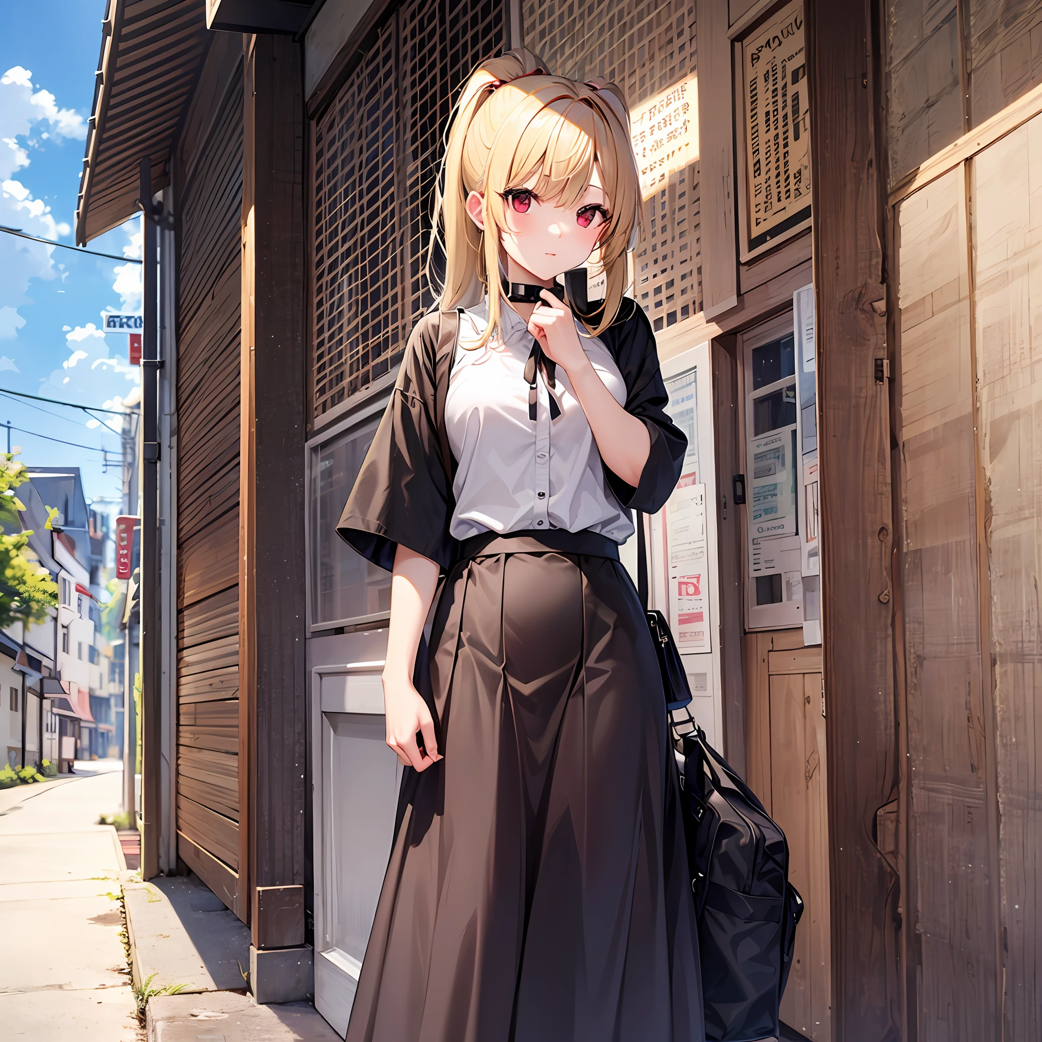 One blonde girl、red eyes、poneyTail、Long skirt