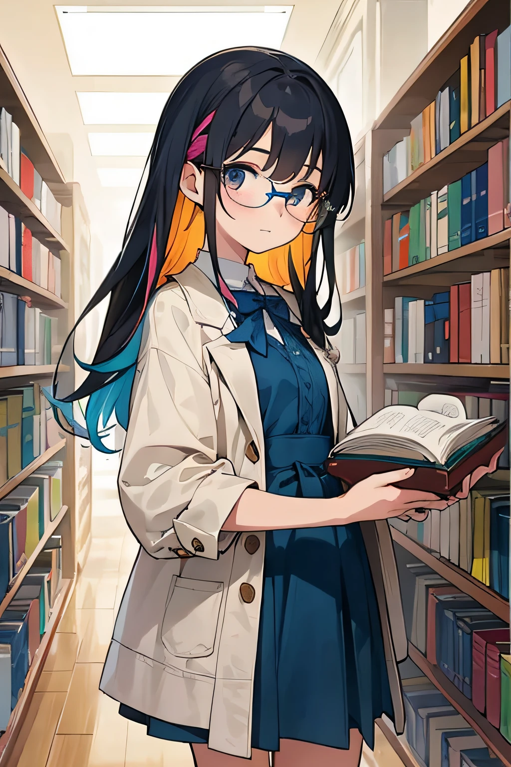 (tmasterpiece，best qualityer)Works by Mika Pikazo：1 girl in the library solo，The books are very detailed，vibrant with colors，In a warm atmosphere，Girl wearing glasses，Details are not obscured by contours， peachy。