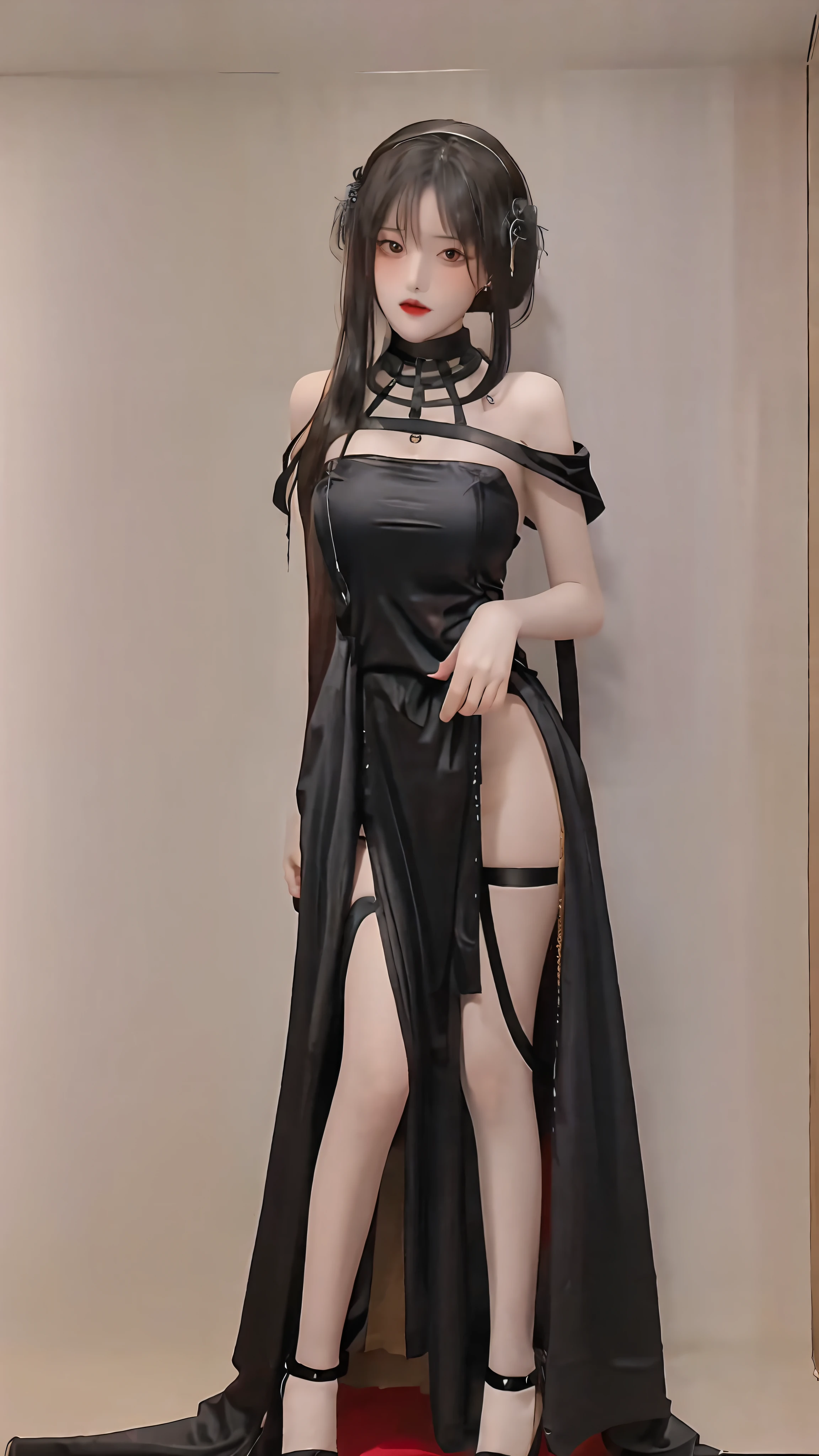 Top image quality,hyper-high detail,CG illustration of 8k,There is a beautiful girl with long hair in the painting,Her face is delicate,Dressed in a bandeau puffy skirt,Wearing black silk,Long legs and red high heels。