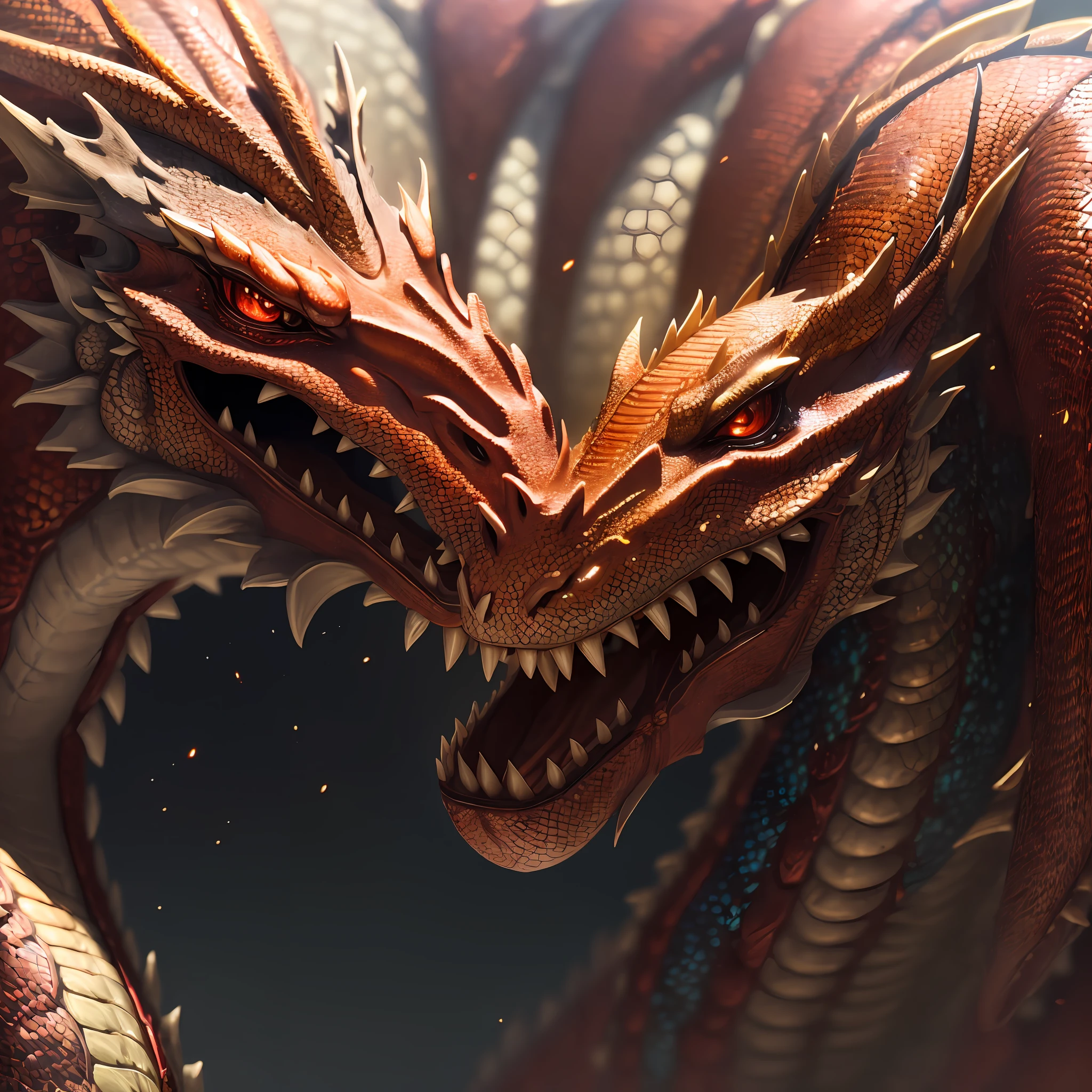 Oriental dragon, closeup cleavage, High-quality image quality, Close-up of the dragon body, Bright red dragon scales, Clean and sharp lines, Depth of field is interlaced with light and shadow, Sets off the dynamic feel, Amazing momentum. --auto