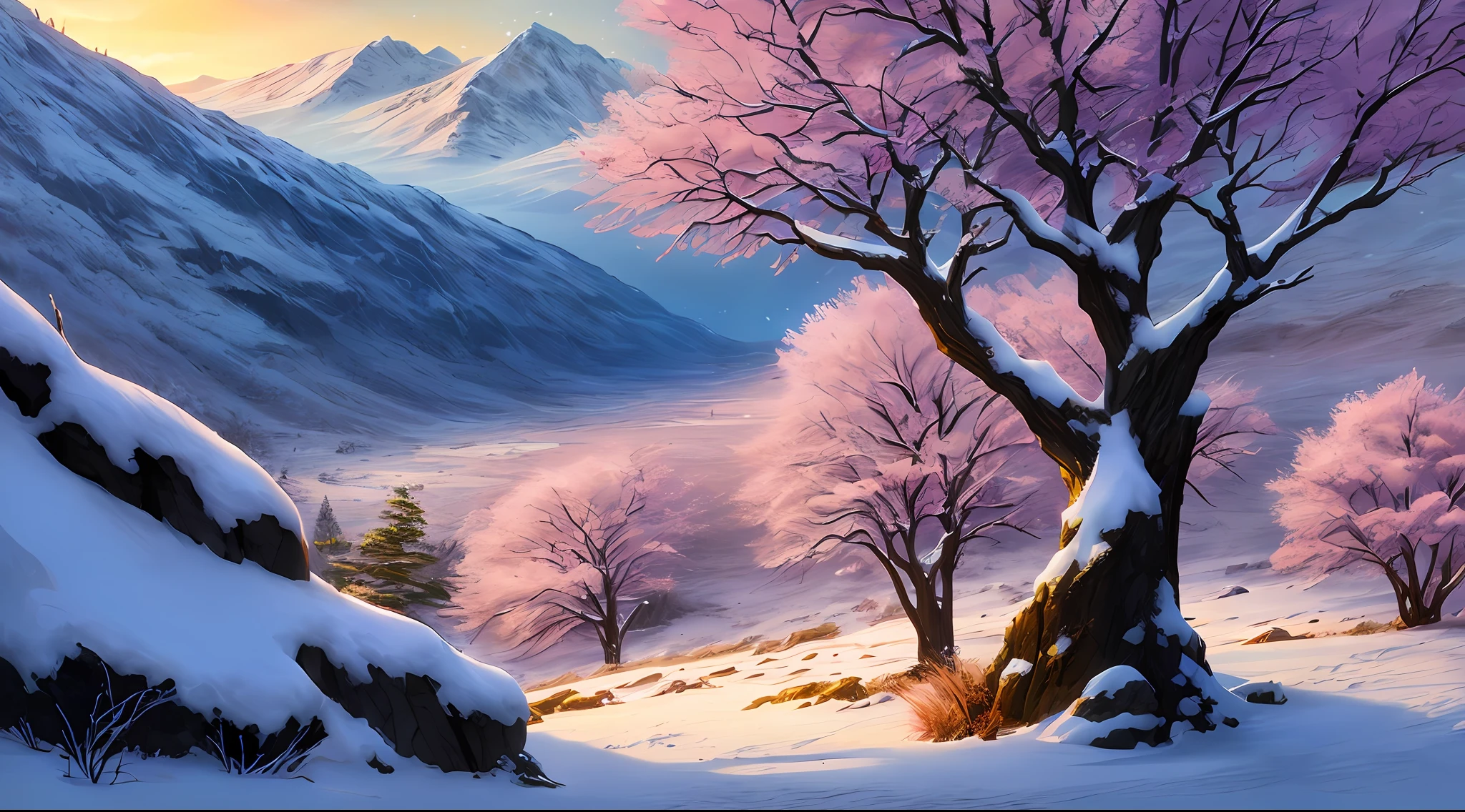 professional high quality,majestic digital art of a picturesque nature of a
steep rocky walls gorge,bare tree and desert in
spring in the morning dawn, snowing blizzard weather,
dramatic lighting, 8k resolution, detailed, focus, mid range shot
environmental art photography,naturalism
by Bob Ross,by Michael James Smith